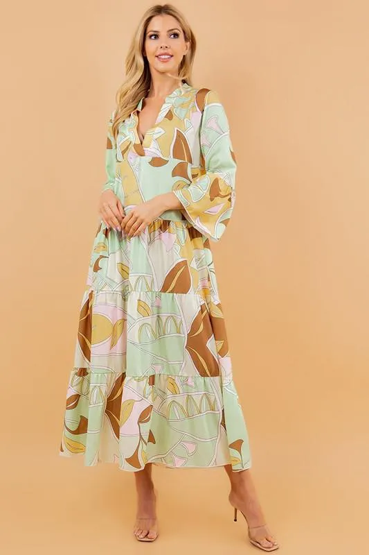 PRINTED LONG SLEEVE V-NECK LONG TUNIC DRESS