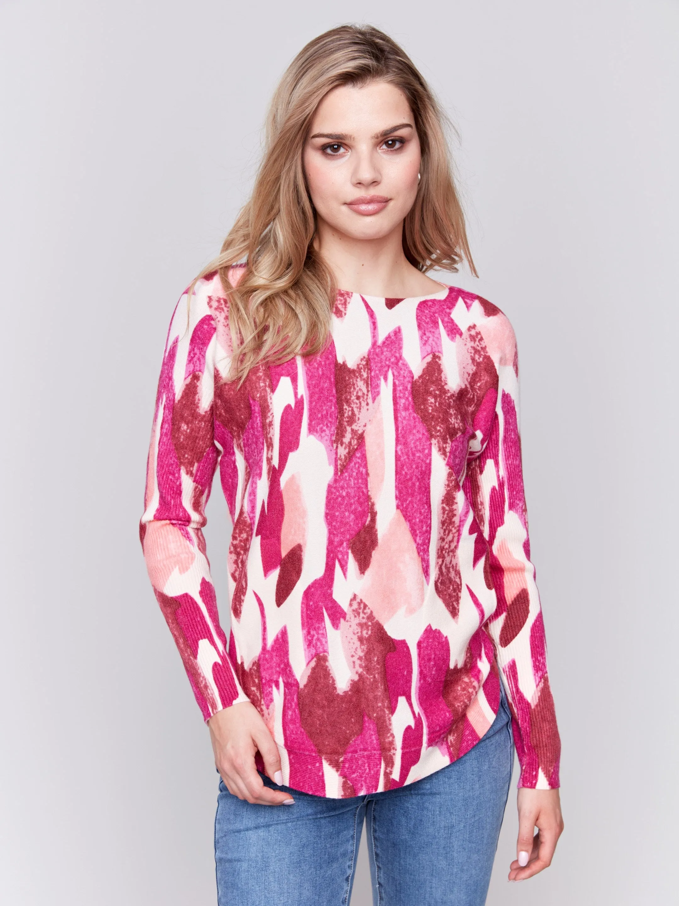 Printed Plush Knit Sweater - Fuchsia