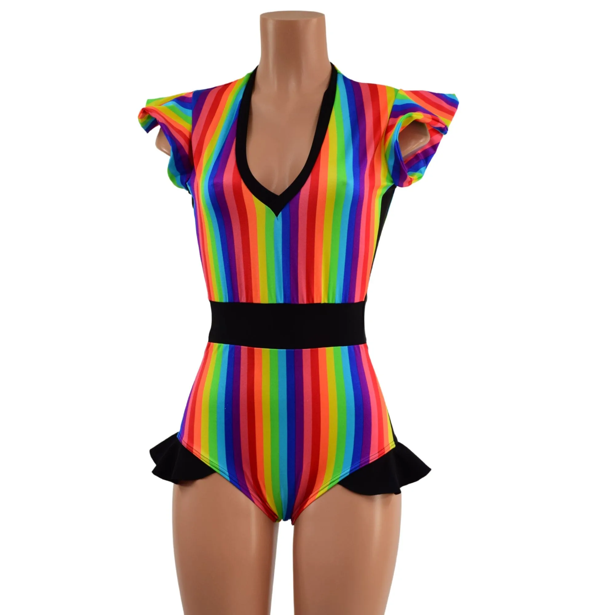 Rainbow Stripe Flip Sleeve Paneled Romper