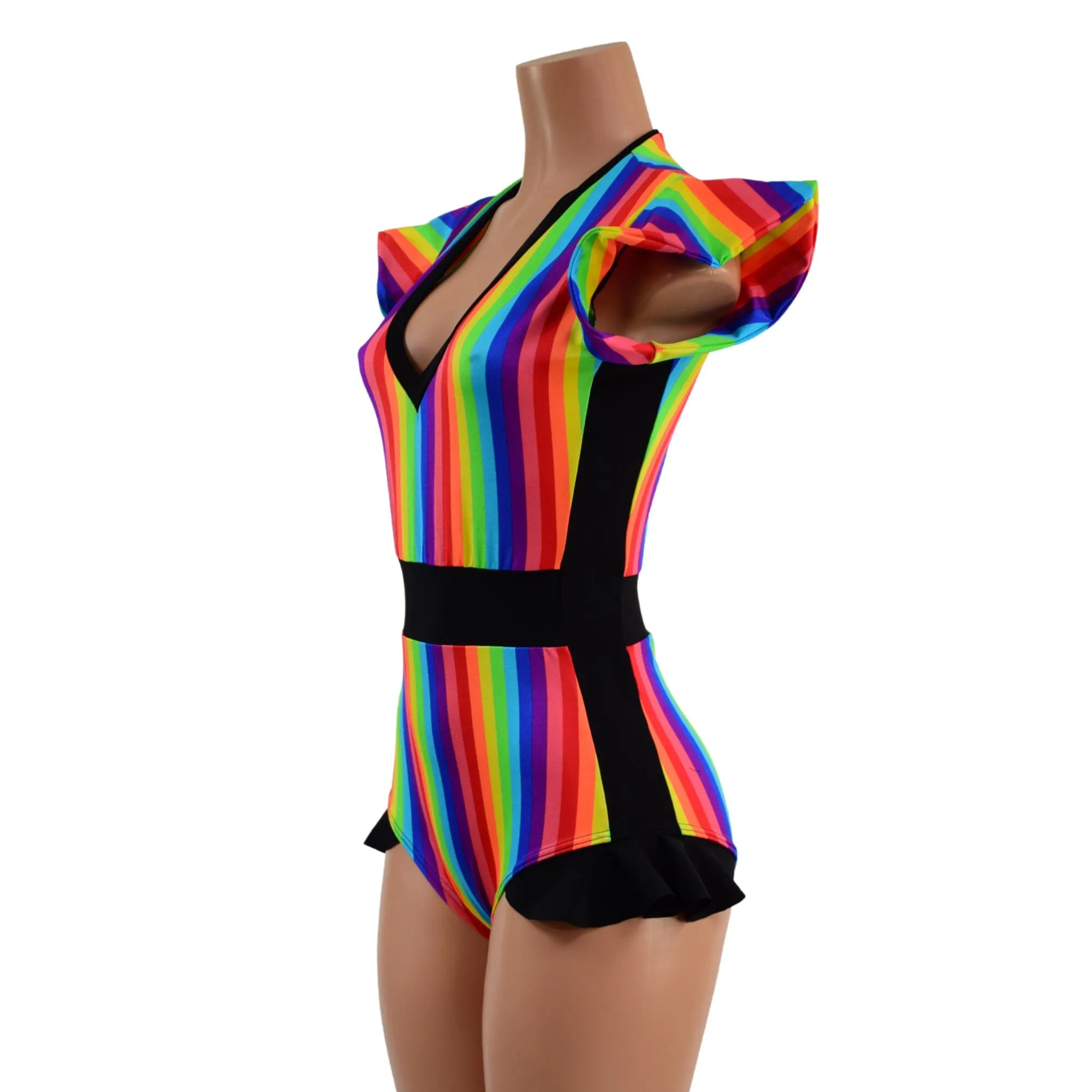 Rainbow Stripe Flip Sleeve Paneled Romper