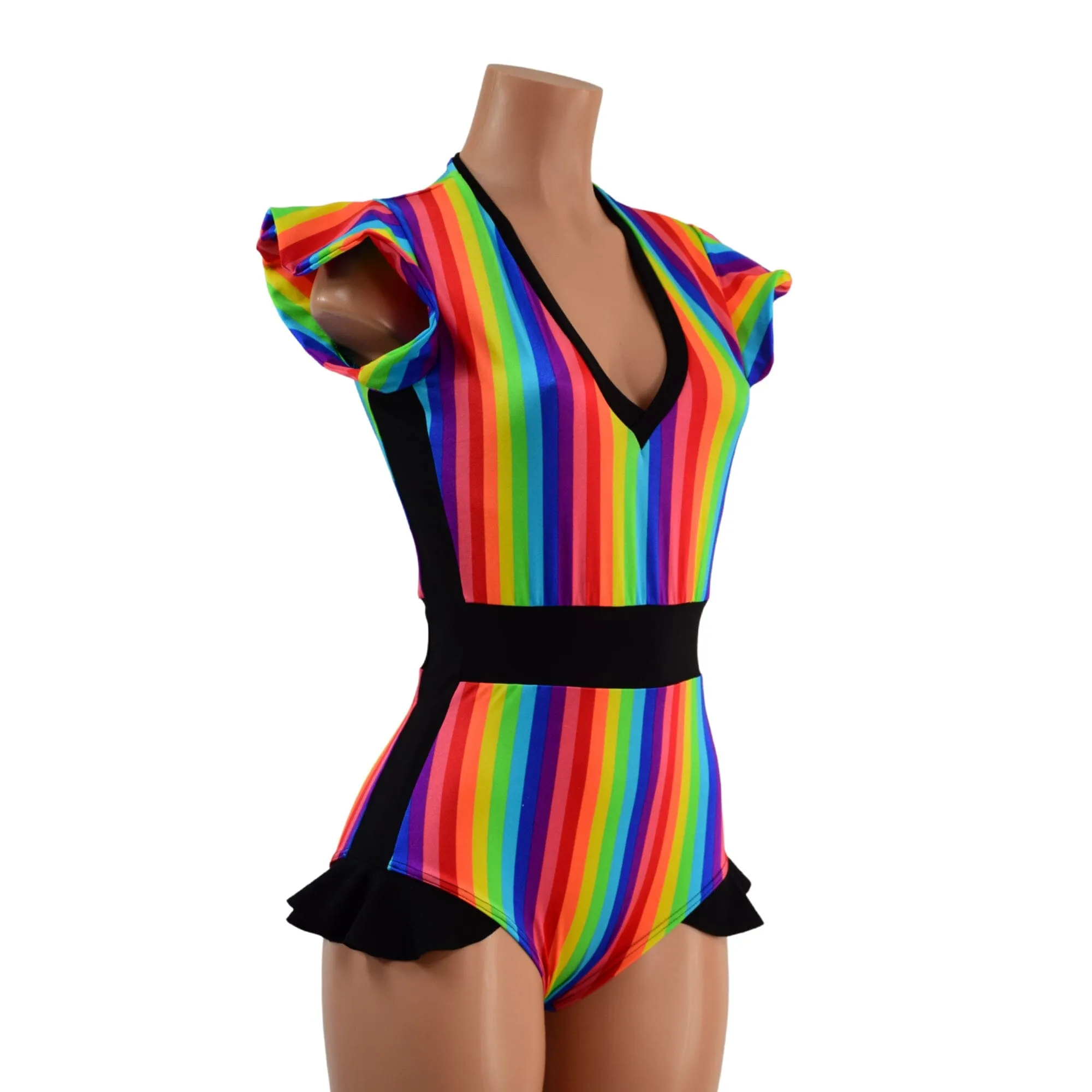 Rainbow Stripe Flip Sleeve Paneled Romper