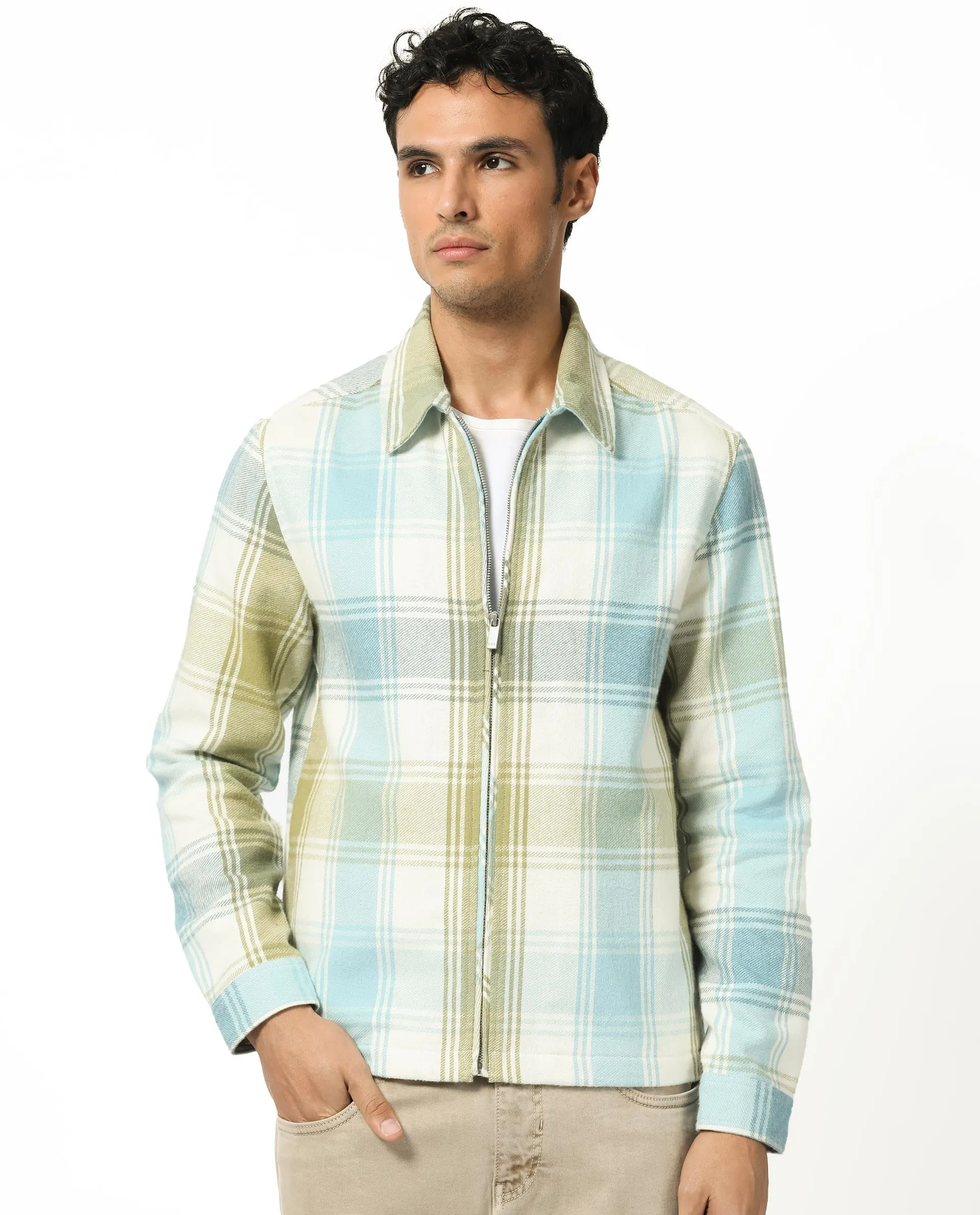 Rare Rabbit Men's Rizo Blue Cotton Fabric Full Sleeves Zip Closure Twill Checks Shacket