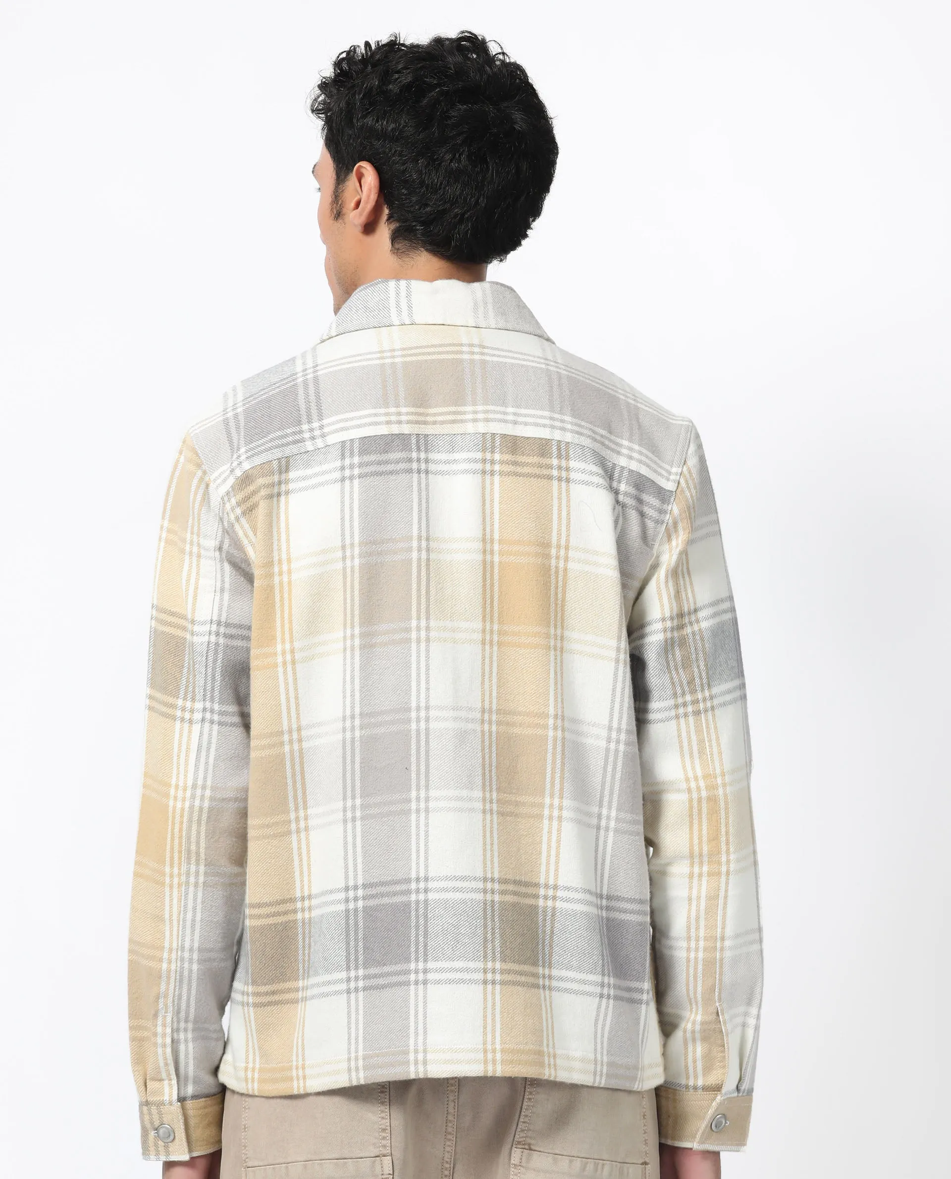 Rare Rabbit Men's Rizo Light Brown Cotton Fabric Full Sleeves Zip Closure Twill Checks Shacket