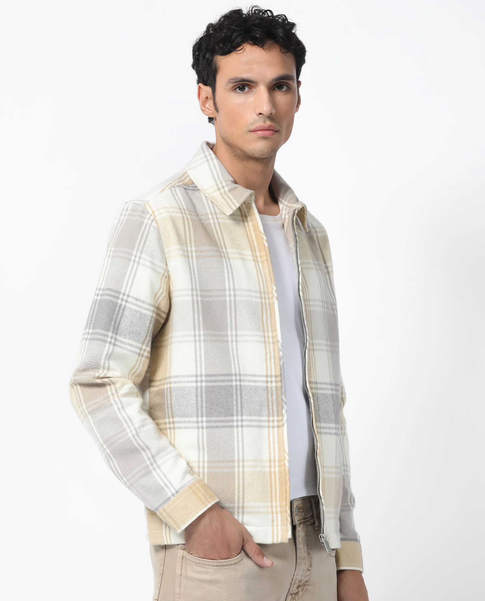 Rare Rabbit Men's Rizo Light Brown Cotton Fabric Full Sleeves Zip Closure Twill Checks Shacket