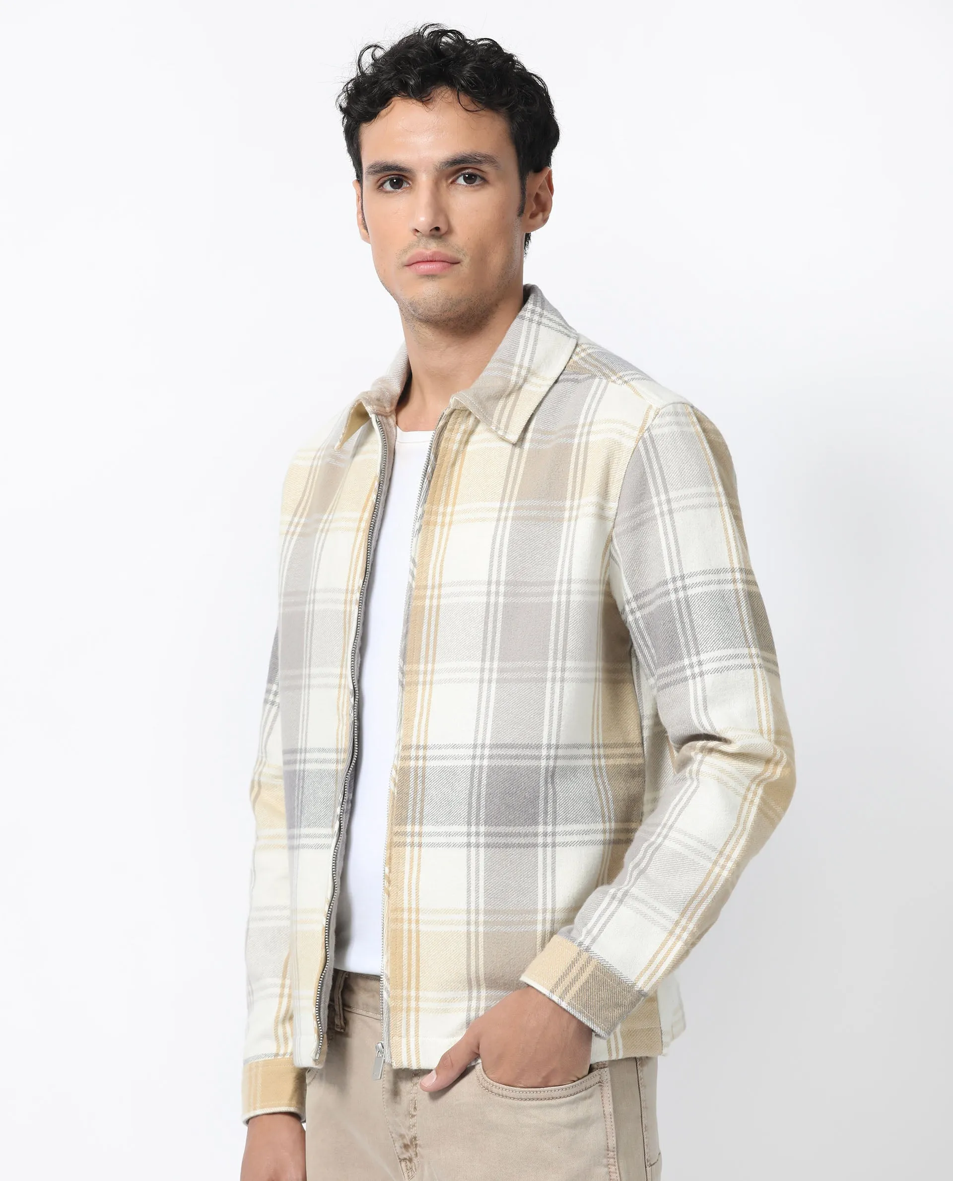 Rare Rabbit Men's Rizo Light Brown Cotton Fabric Full Sleeves Zip Closure Twill Checks Shacket