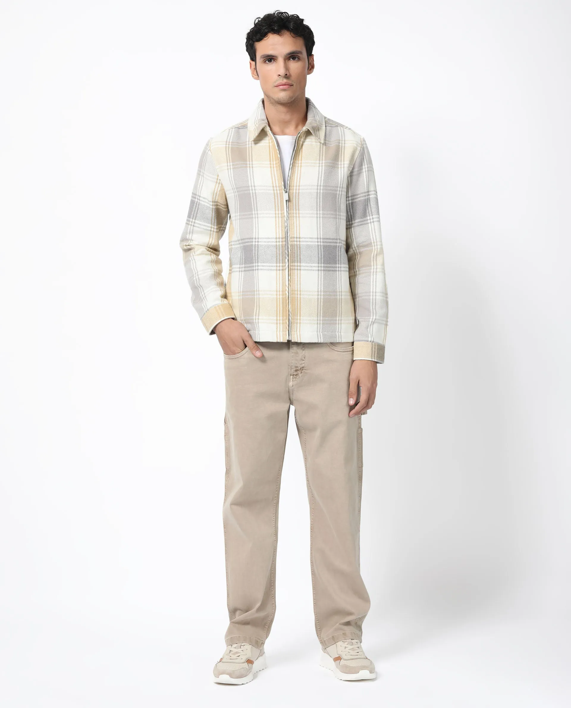 Rare Rabbit Men's Rizo Light Brown Cotton Fabric Full Sleeves Zip Closure Twill Checks Shacket