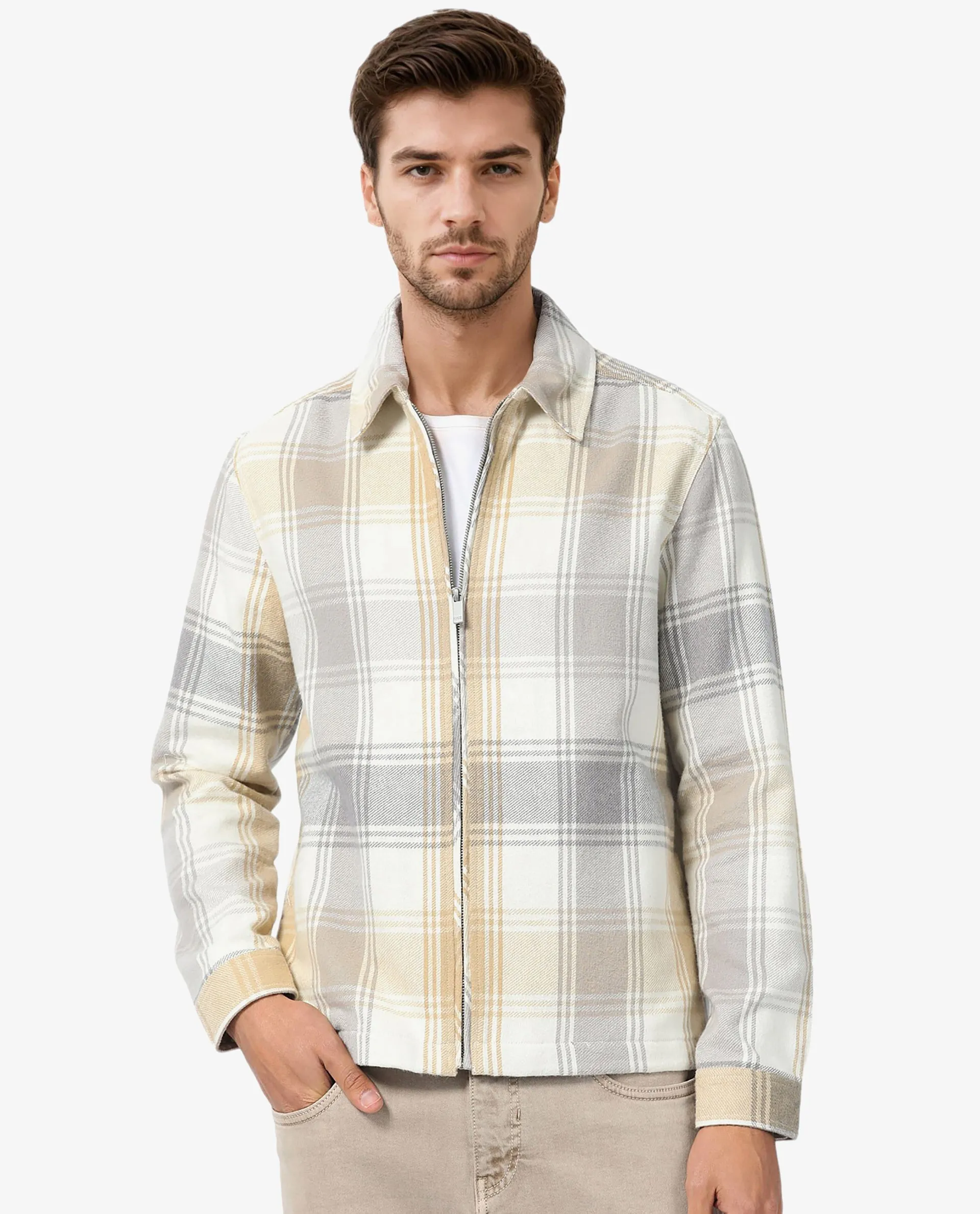 Rare Rabbit Men's Rizo Light Brown Cotton Fabric Full Sleeves Zip Closure Twill Checks Shacket