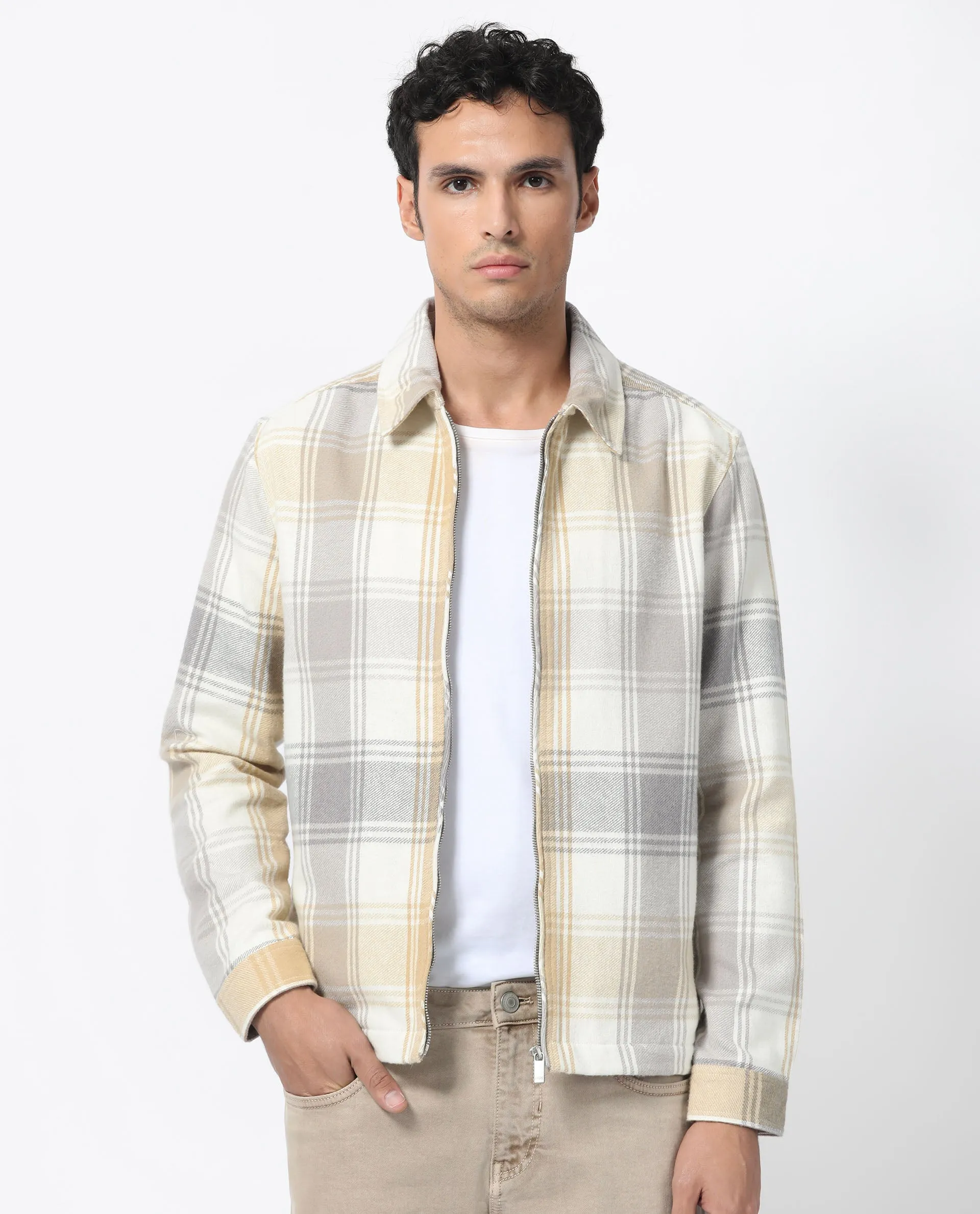 Rare Rabbit Men's Rizo Light Brown Cotton Fabric Full Sleeves Zip Closure Twill Checks Shacket