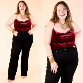 Rock Show Velvet Cowl Neck Bodysuit with Spaghetti Straps in Maroon