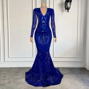 Royal Blue Prom Dresses, Lace Prom Dresses, Mermaid Prom Dresses, Long Sleeve Prom Dresses    fg786