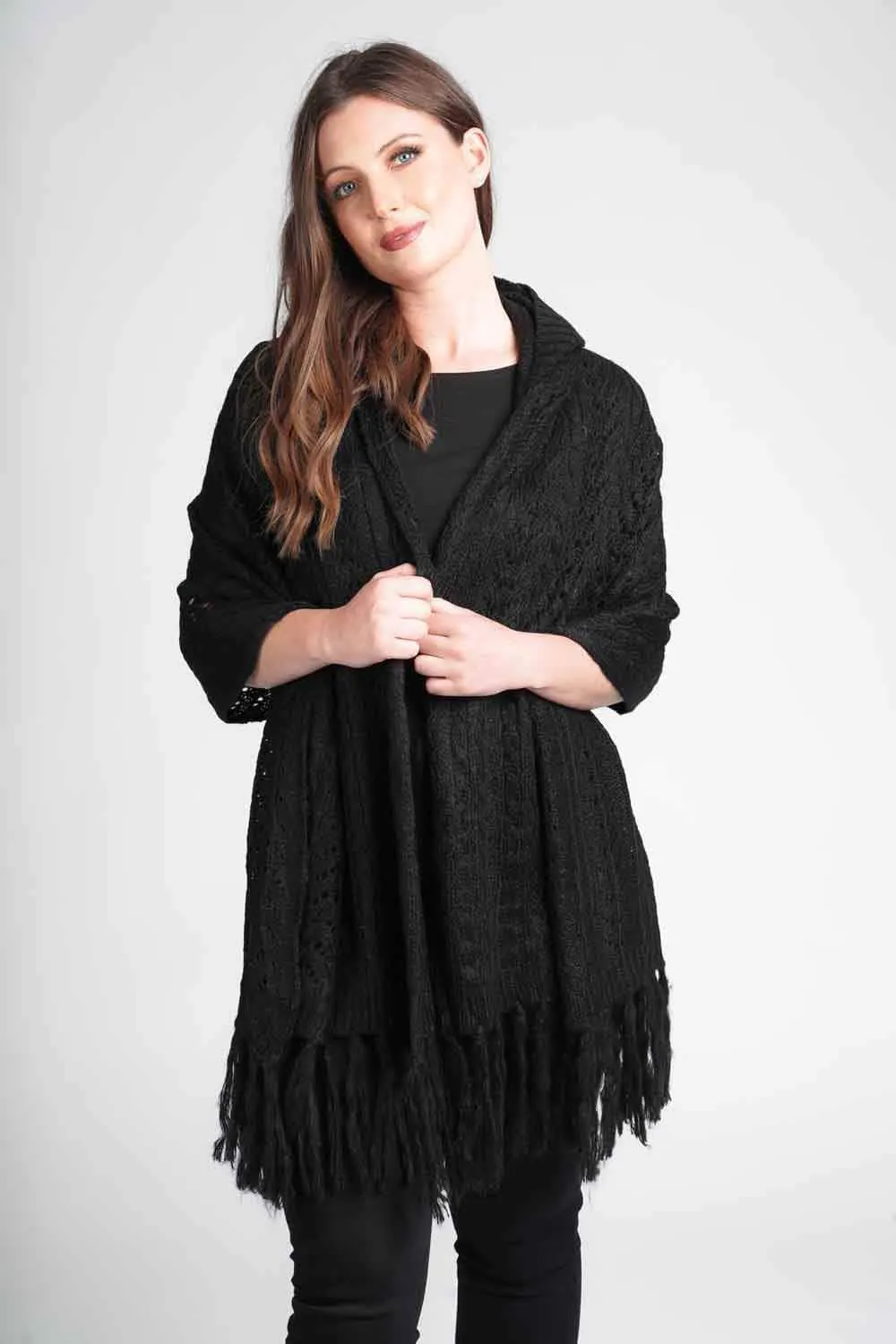 Saloos Tassled Knit Shawl with Hoodie