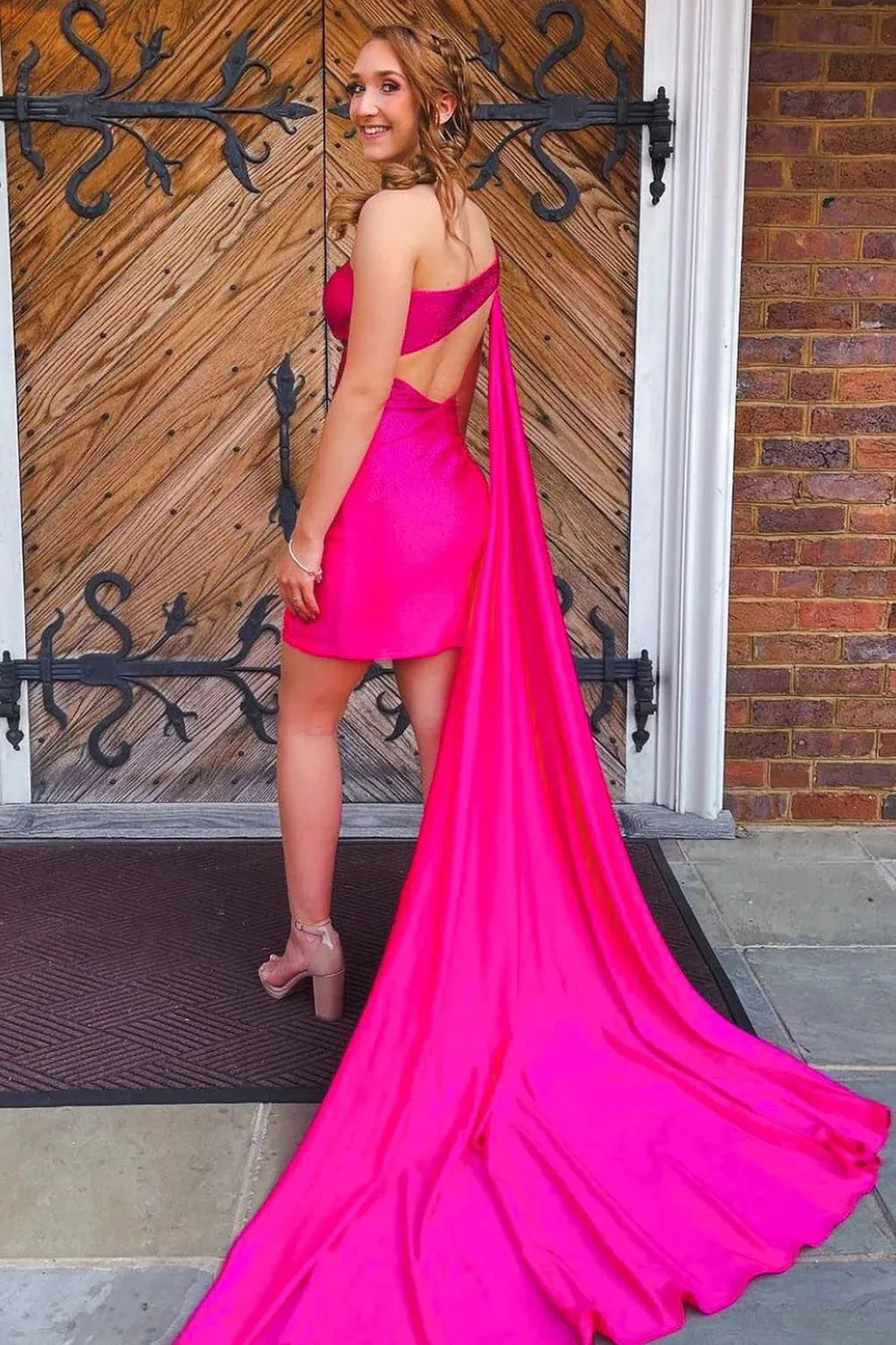 Sancia | Sparkly Fuchsia Satin One Shoulder Train Tight Homecoming Dress