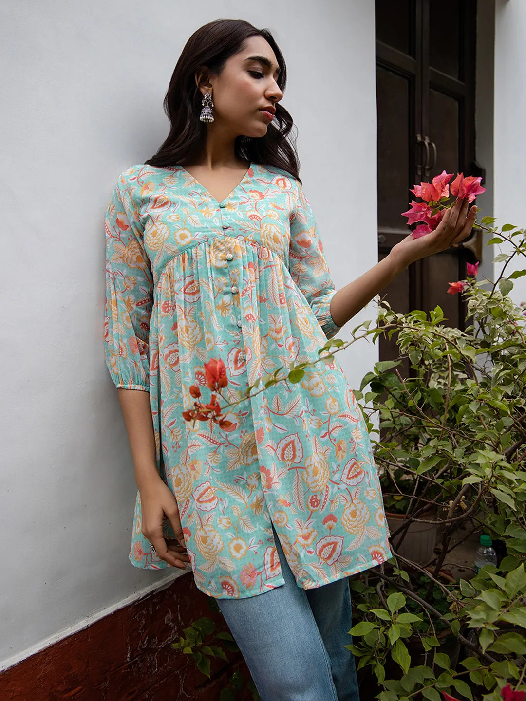 Sea Blue Georgette Floral Gathered Tunic  - By Janasya