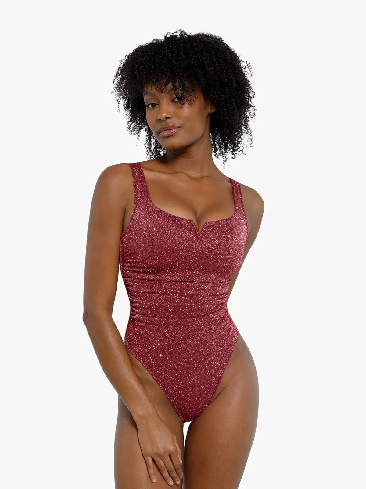 Shapewear Ruched Metallic Knit Square Neck Slimming Bodysuit