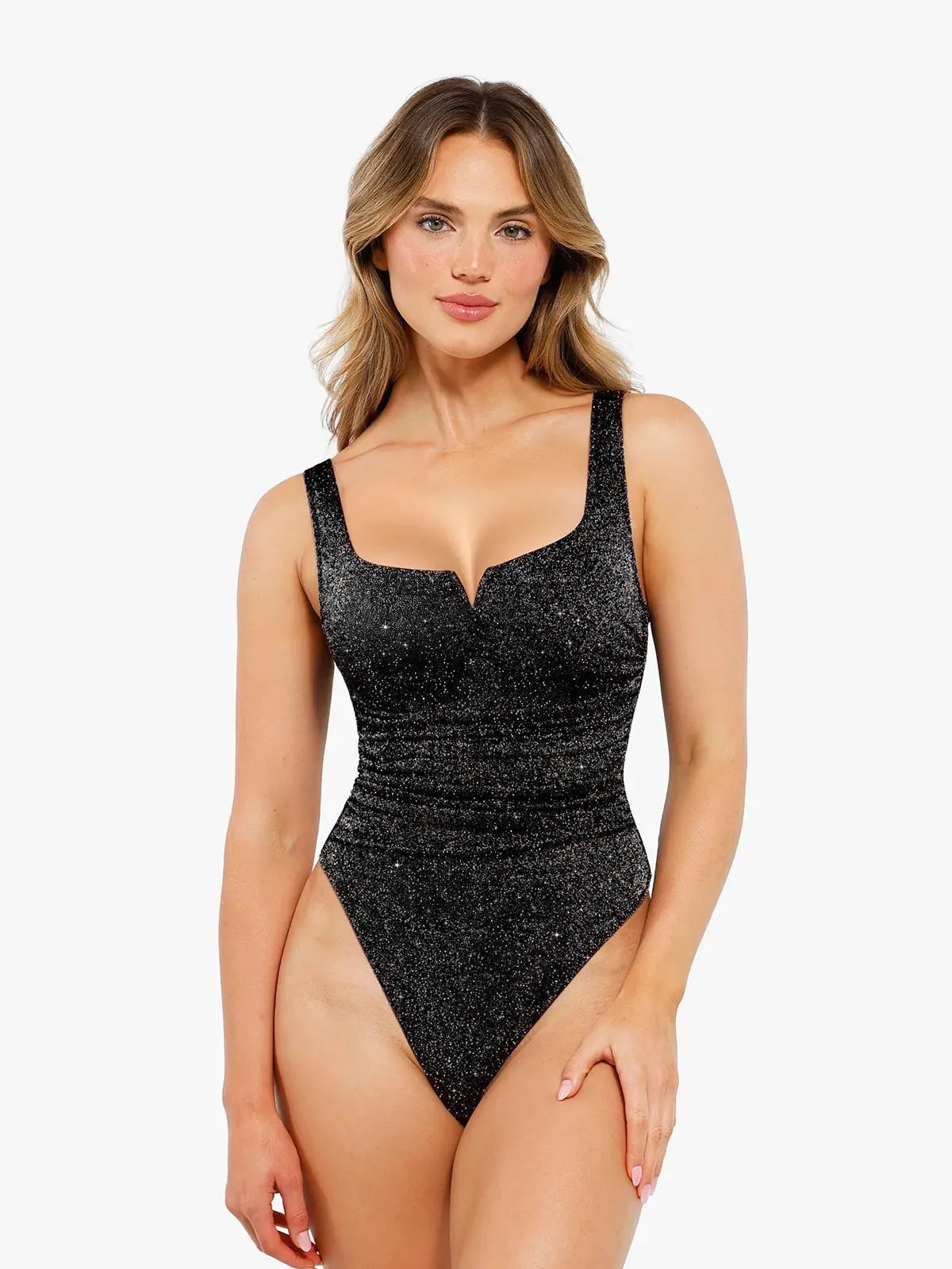 Shapewear Ruched Metallic Knit Square Neck Slimming Bodysuit