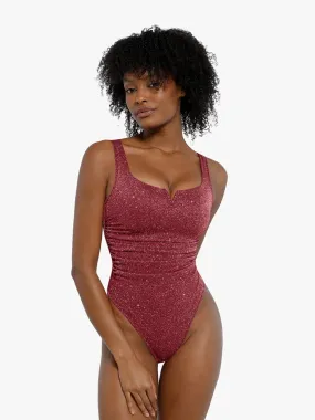 Shapewear Ruched Metallic Knit Square Neck Slimming Bodysuit