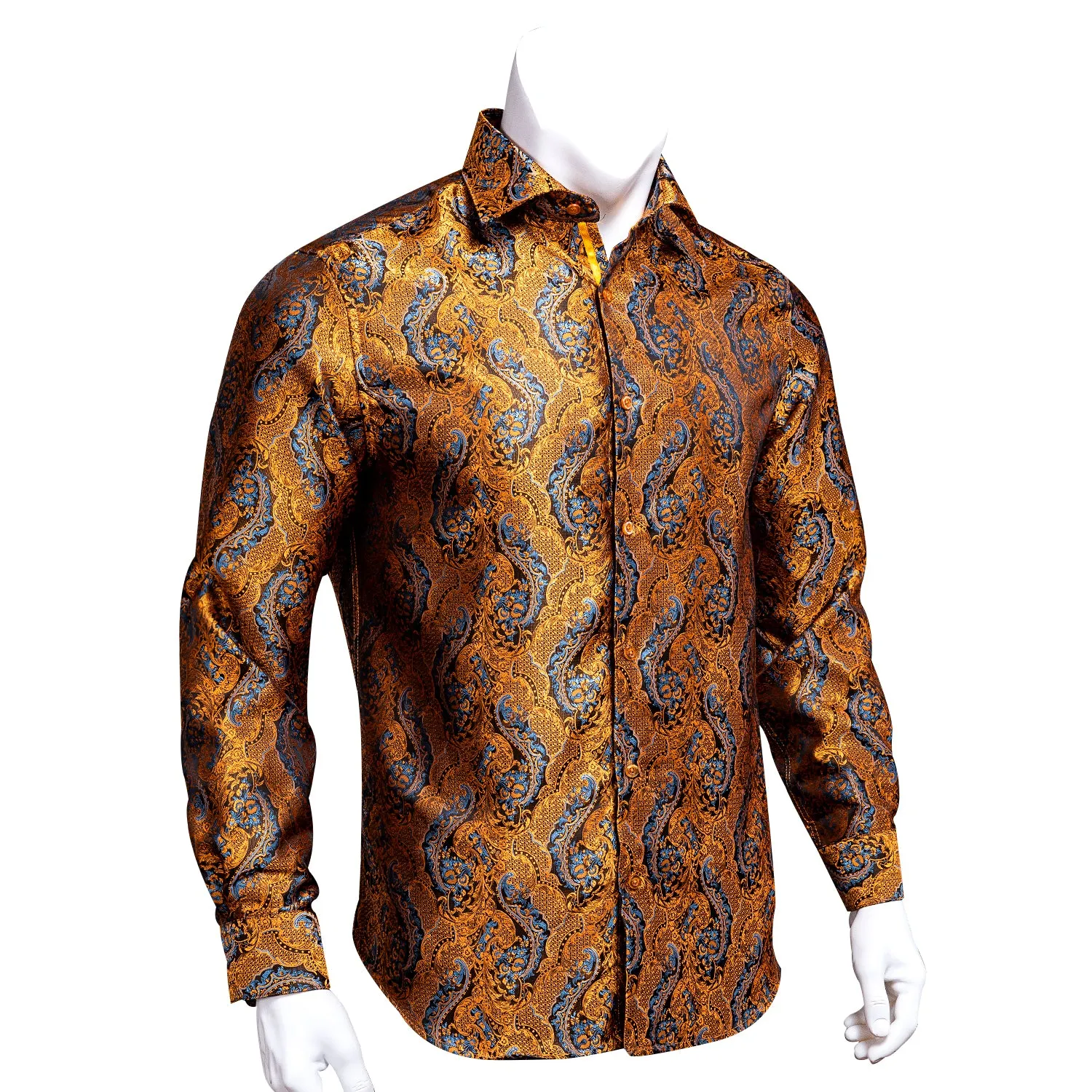 Shining Golden Paisley Silk Men's Long Sleeve Shirt