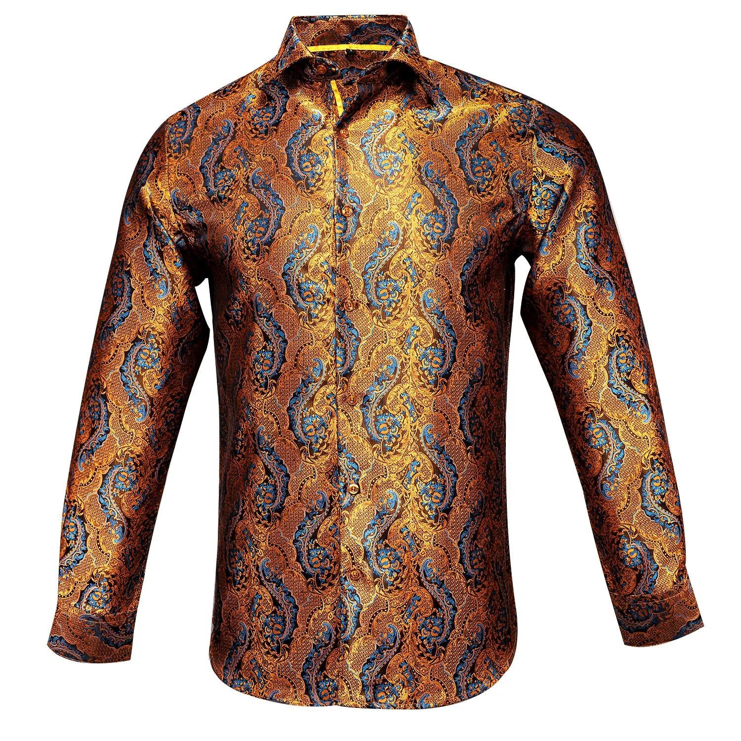 Shining Golden Paisley Silk Men's Long Sleeve Shirt