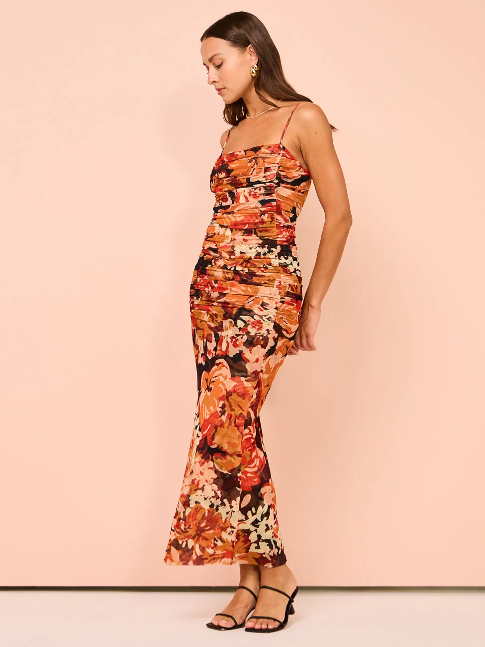 Shona Joy Rubi Open Back Ruched Midi Dress in Tangerine/Multi