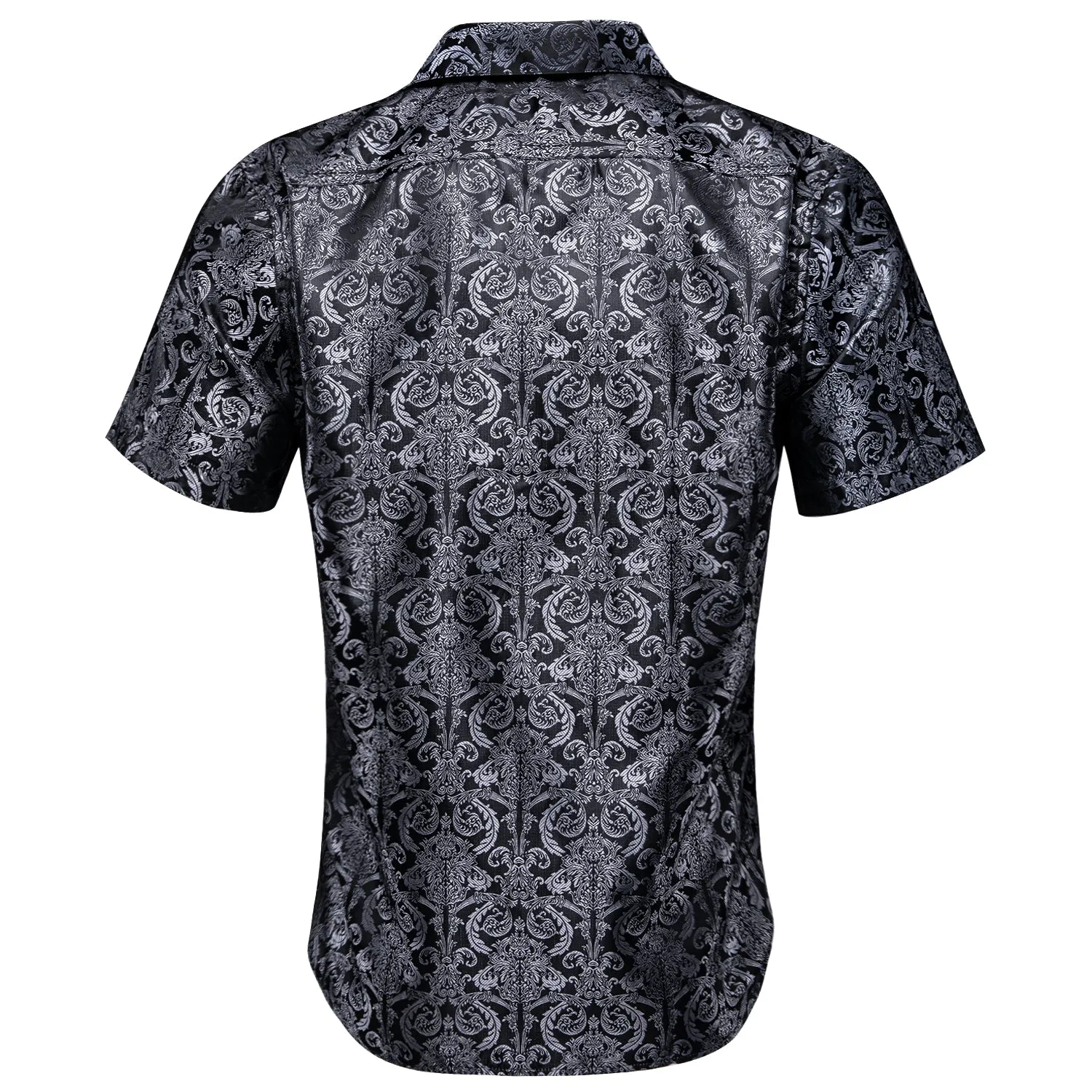 Silver Black Floral Silk Men's Short Sleeve Shirt