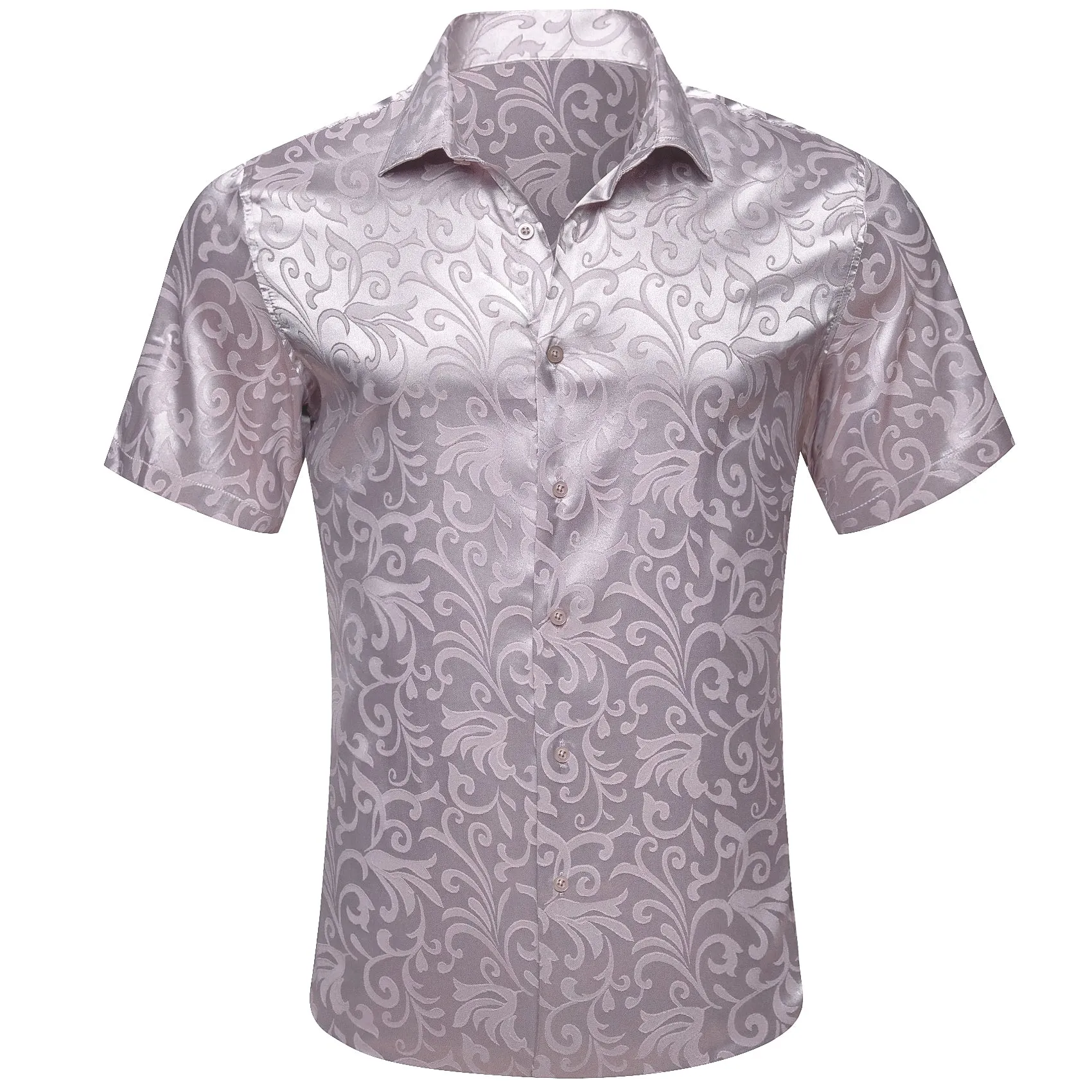 Silver Floral Leaf Silk Men's Short Sleeve Shirt