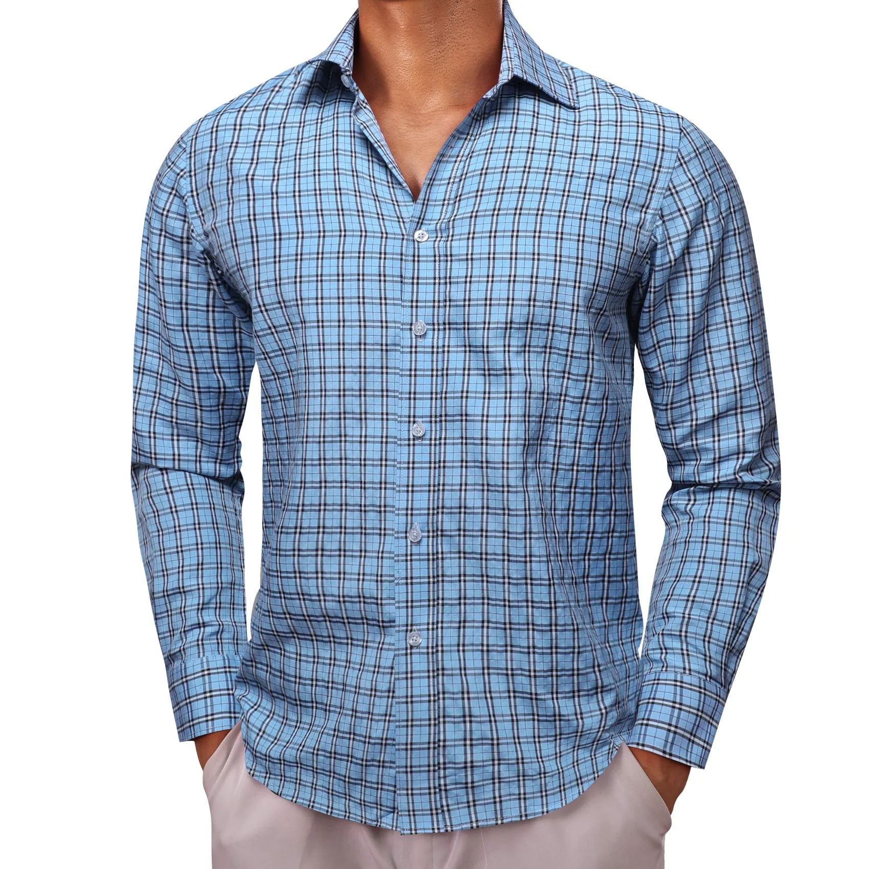 Sky Blue Small Plaid Men's Long Sleeve Work Shirt