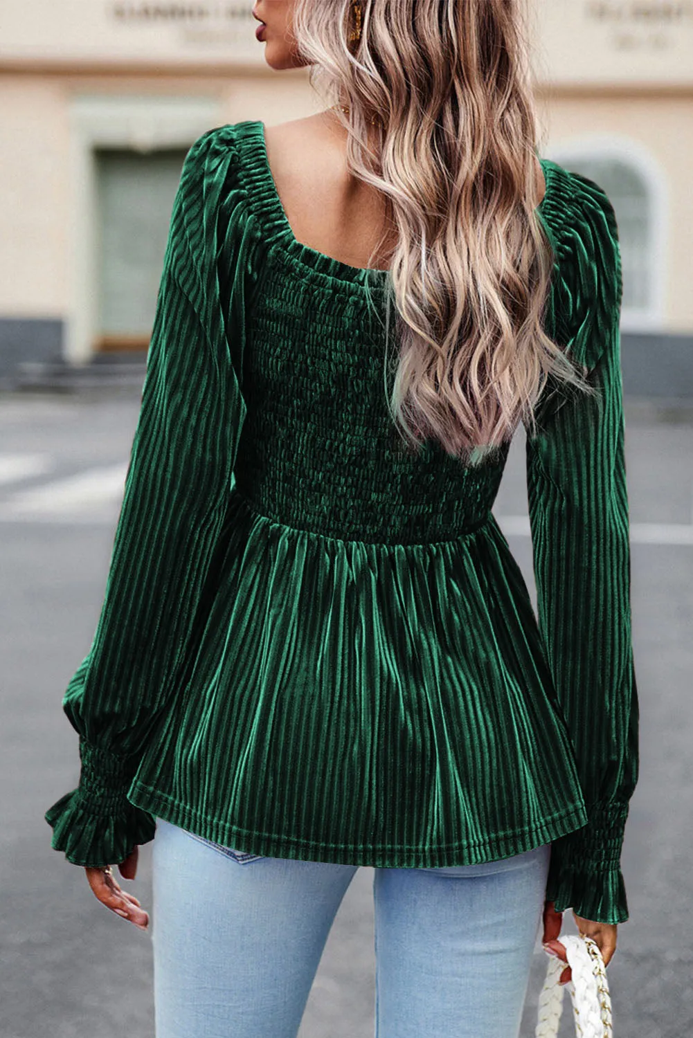 Smocked Ribbed Velvet Babydoll Top | Winter Fashion | Winter Blouses