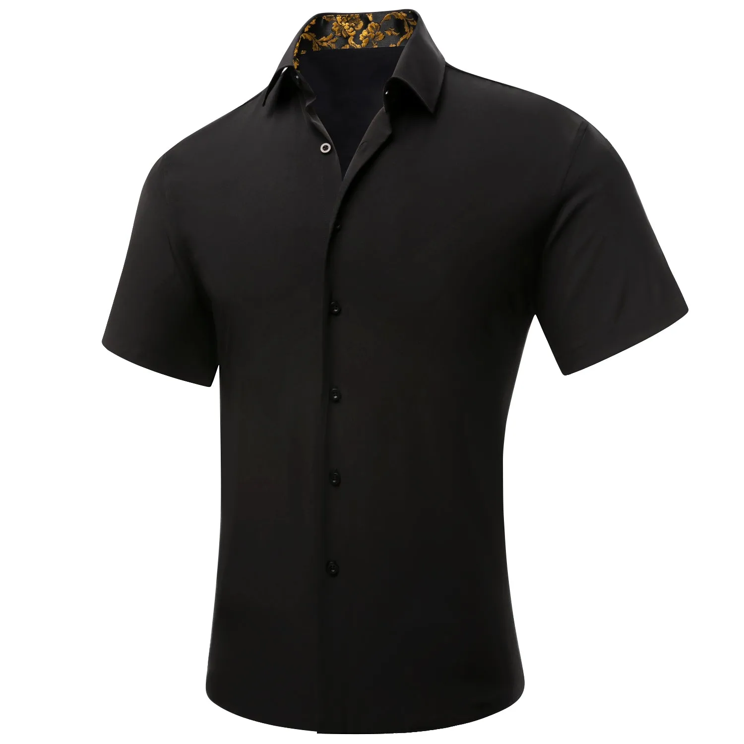 Splicing Style Black with Gold Floral Silk Men's Short Sleeve Shirt