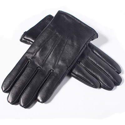 Stylish Black Warm Real Leather Touch Screen Gloves With Buttons For Men