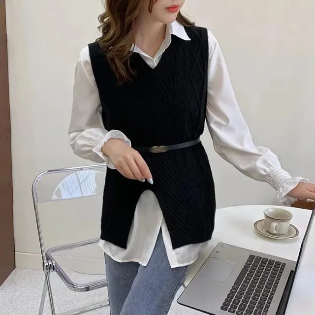 Summer new solid Turn-down Collar blouse and knit VEST Set Women Two Pieces Sets Clothing B-42888