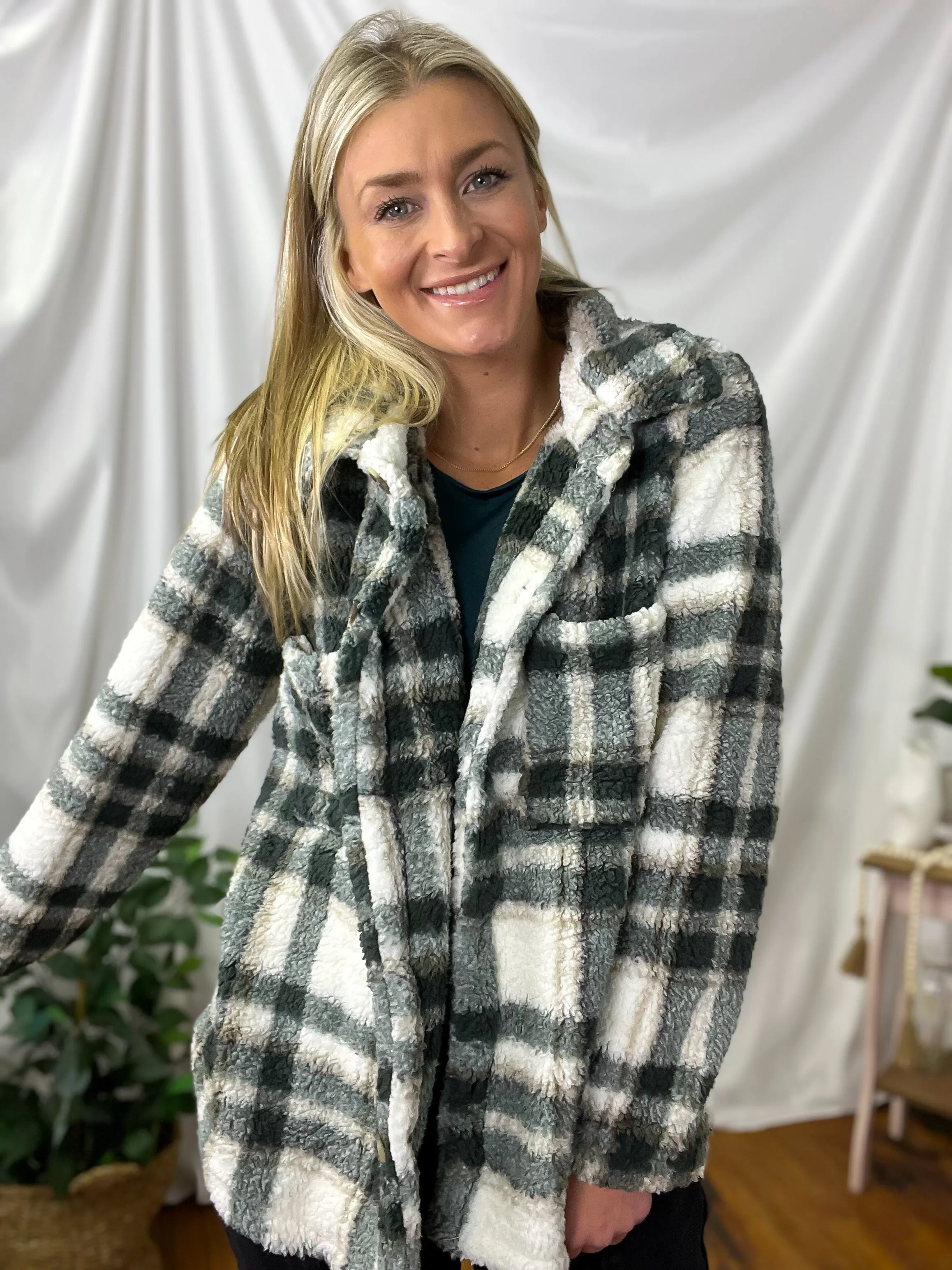 Teal & Taupe Brushed Plaid Button Up Shacket