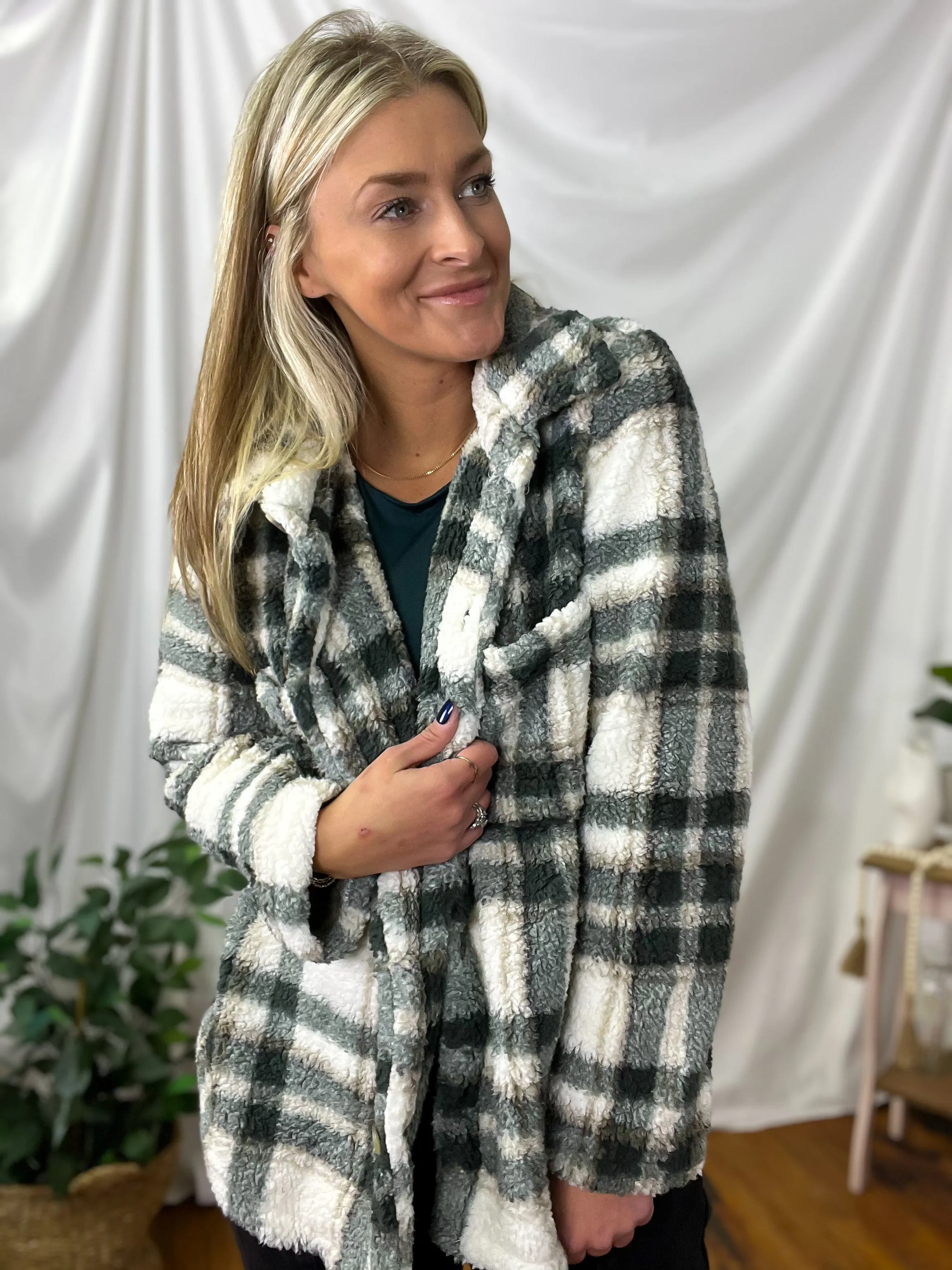 Teal & Taupe Brushed Plaid Button Up Shacket