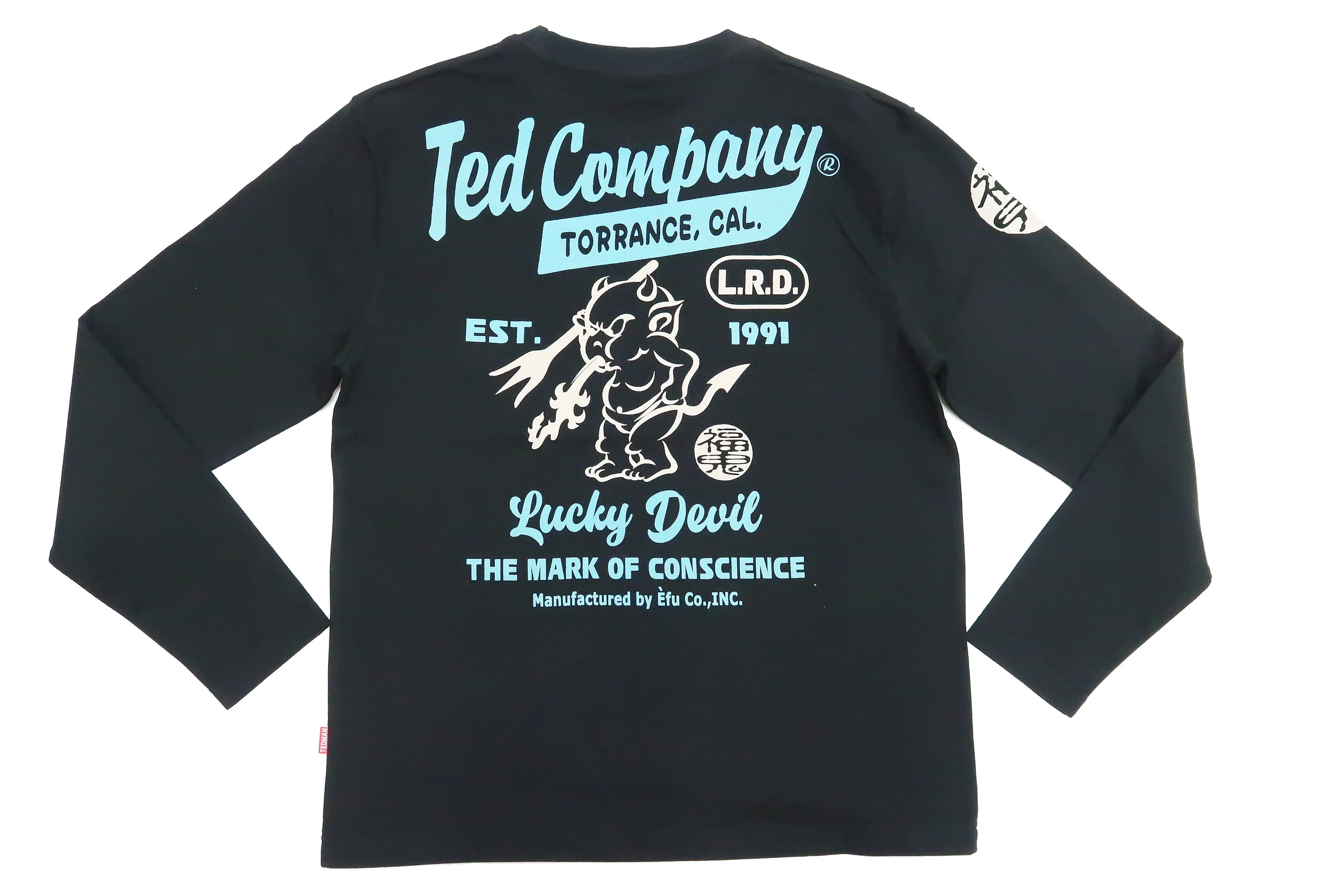 Tedman T-Shirt Men's Lucky Devil Logo Graphic Long Sleeve Tee Efu-Shokai TDLS-355 Black