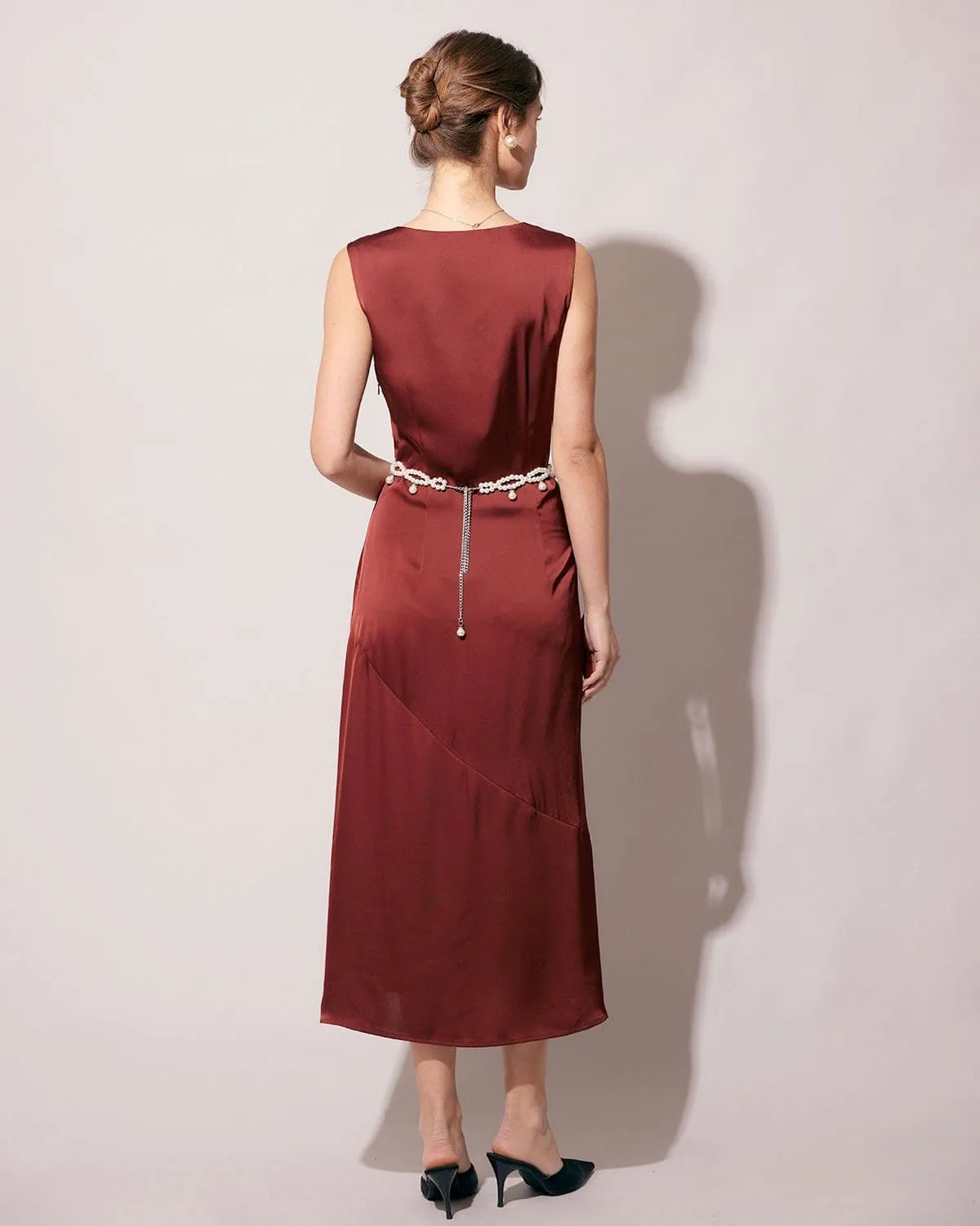 The Coffee Square Neck Sleeveless Satin Midi Dress