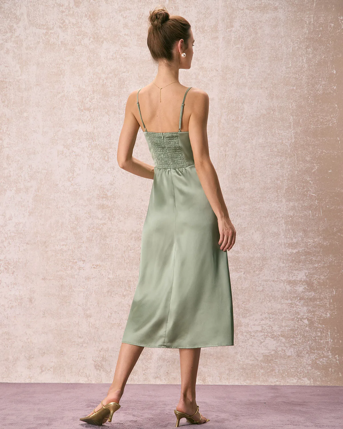 The Green Square Neck Satin Slip Midi Dress