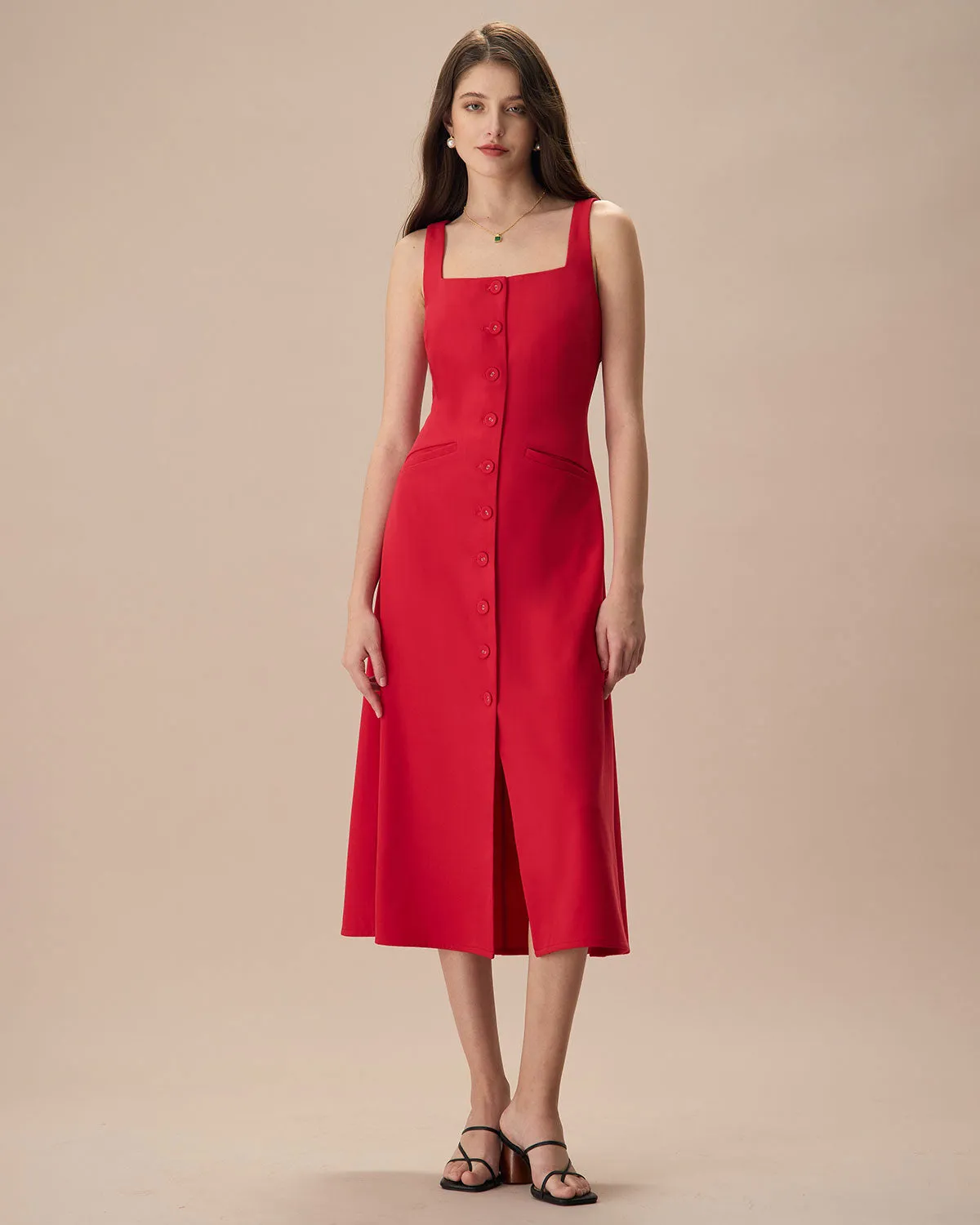 The Red Square Neck Pocket Midi Dress