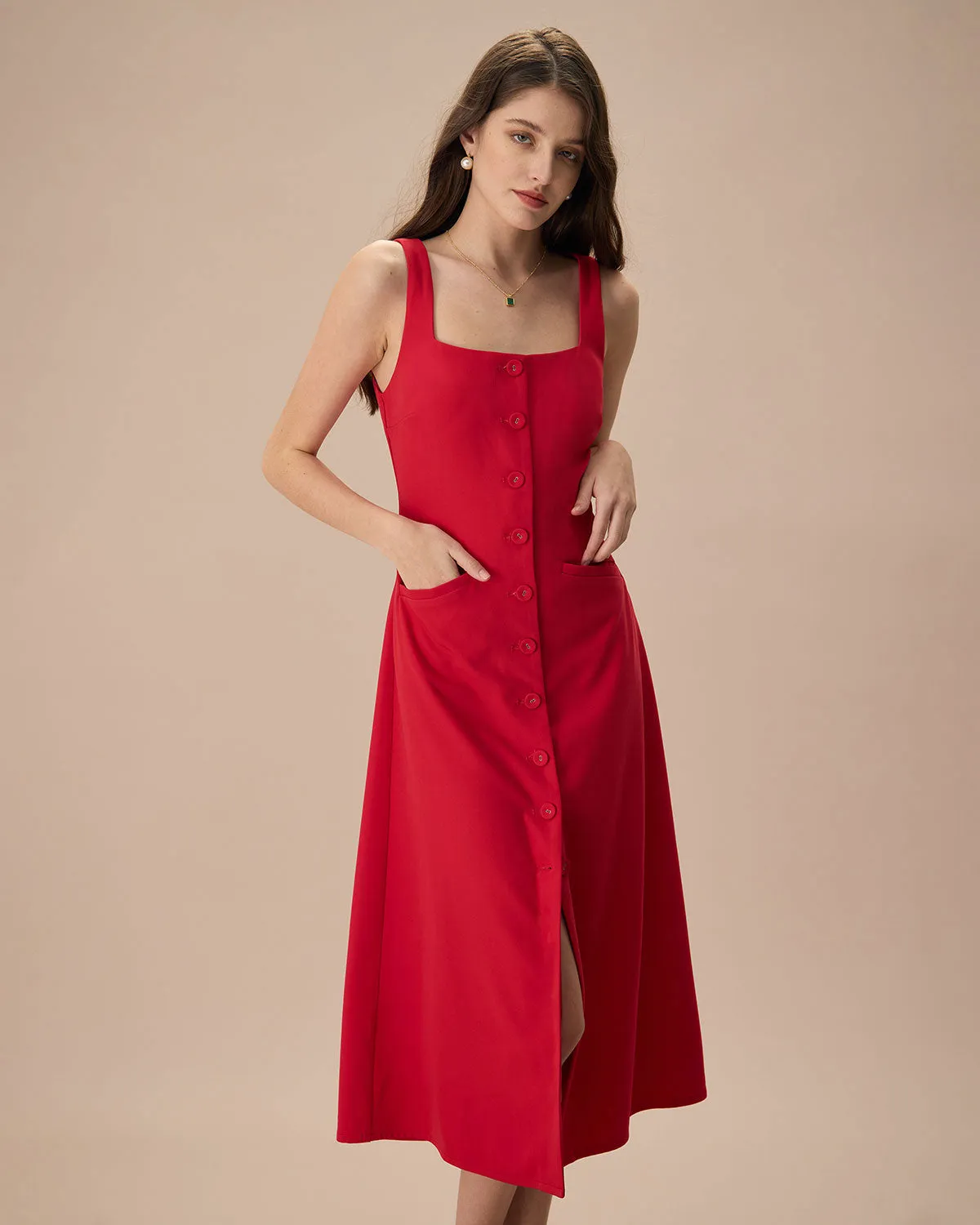 The Red Square Neck Pocket Midi Dress