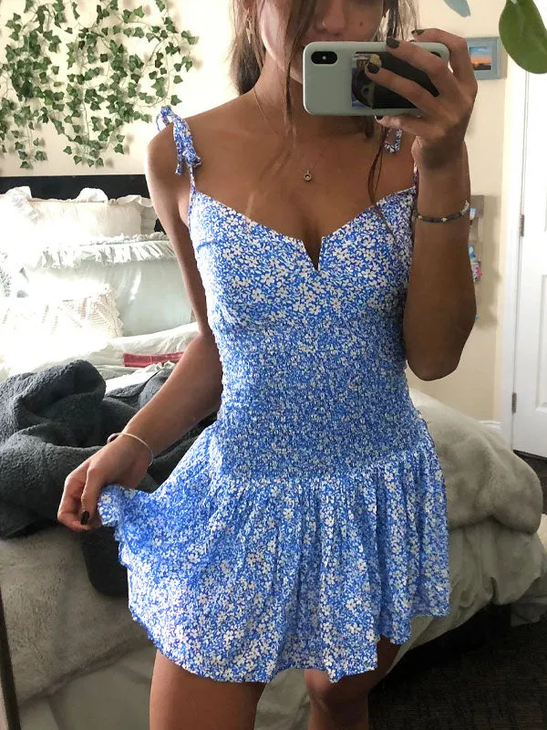 Tie up printing mini dress