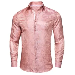 Ties2you Button Down Shirt Baby Pink Paisley Silk Men's Long Sleeve Shirt for Mens