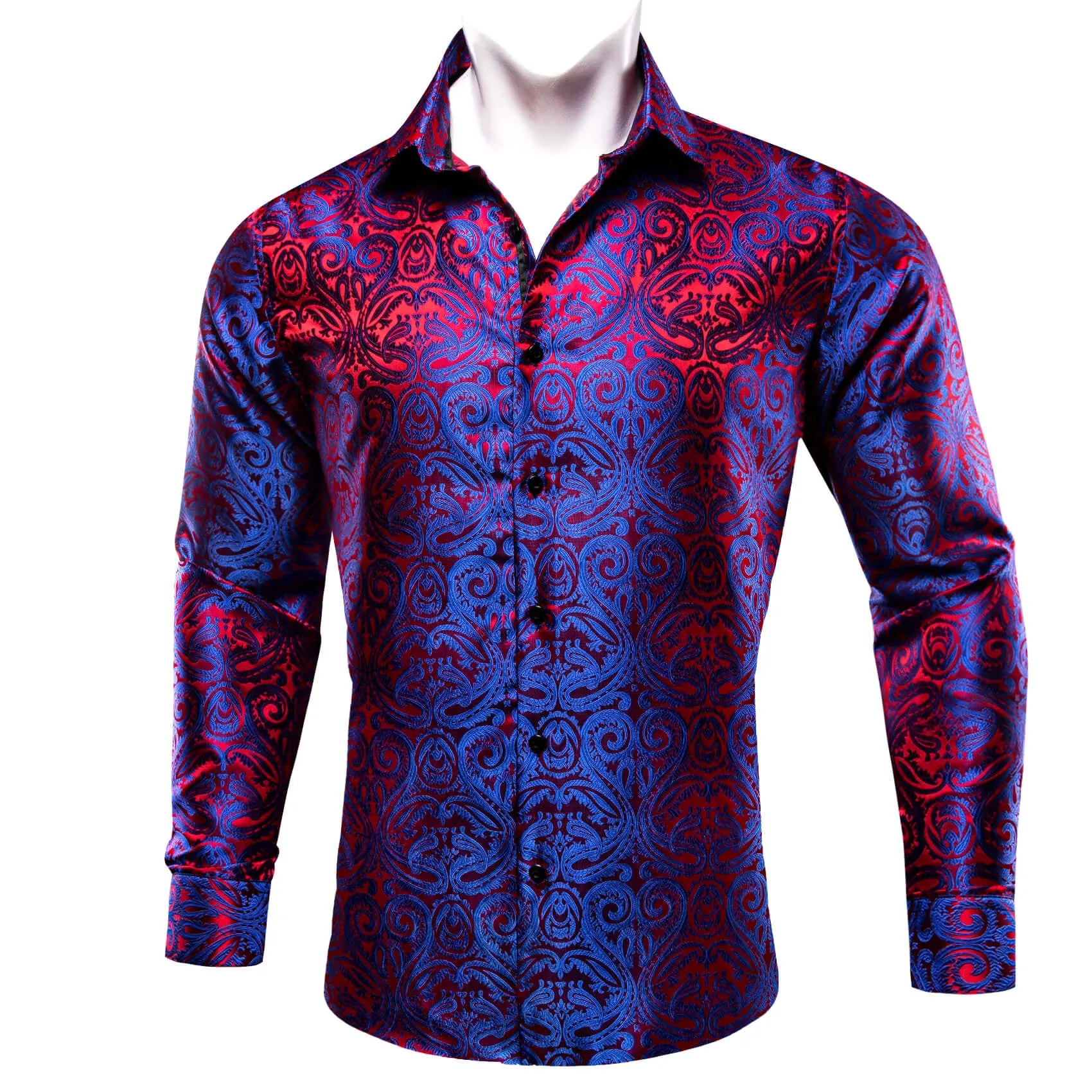 Ties2you Button Down Shirt Blue Red Paisley Silk Men's Long Sleeve Shirt