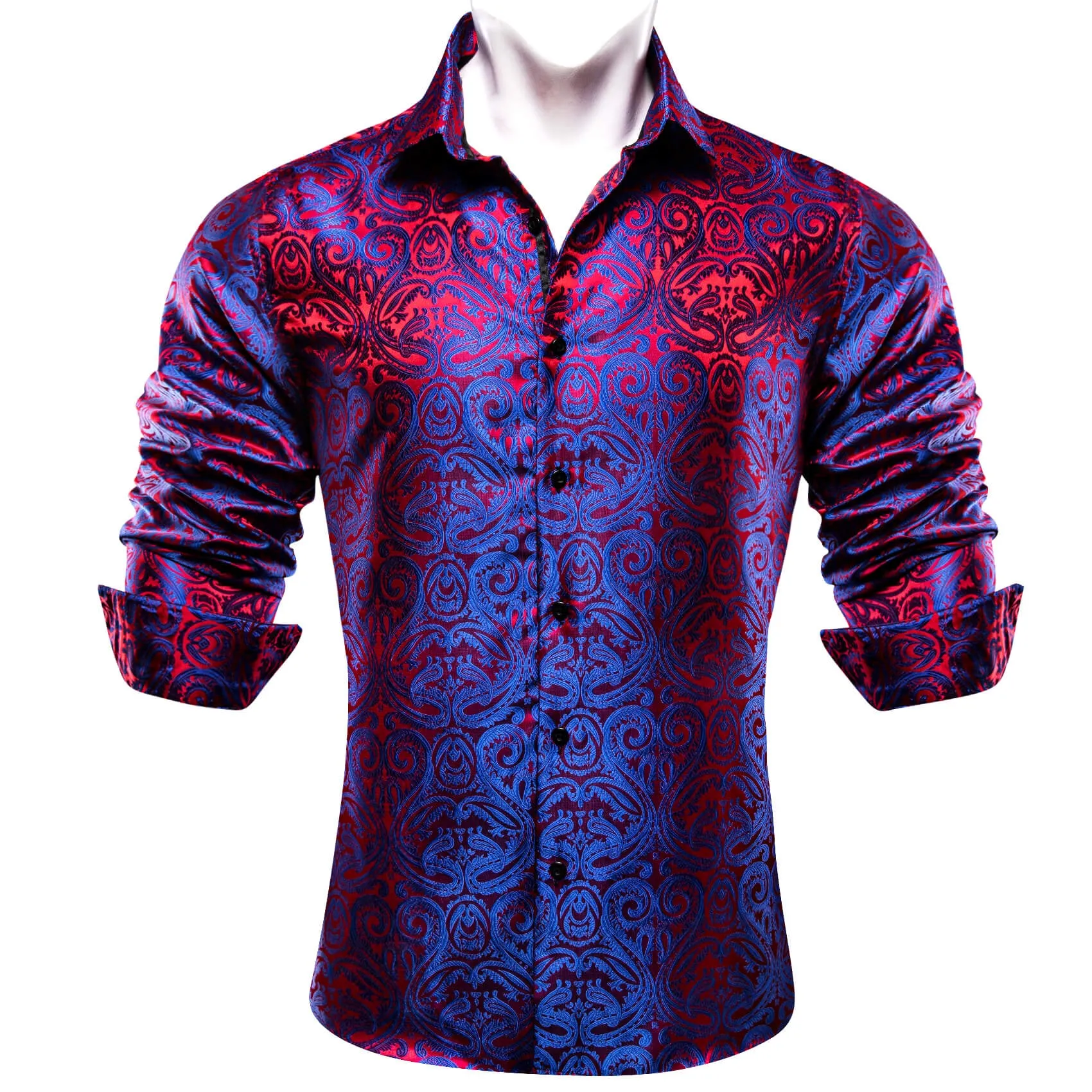 Ties2you Button Down Shirt Blue Red Paisley Silk Men's Long Sleeve Shirt