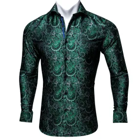 Ties2you Button Down Shirt Green Floral Silk Men's Long Sleeve Shirt