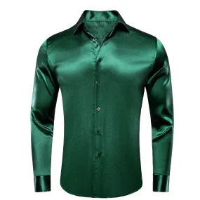 Ties2you Button Down Shirt Shiny Dark Green Solid Silk Men's Long Sleeve Shirt