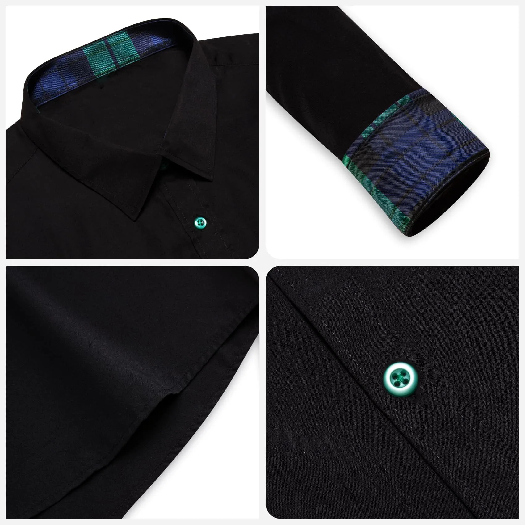 Ties2you Button Up Shirt Black Splicing Green Silk Long Sleeve Mens Dress Shirt