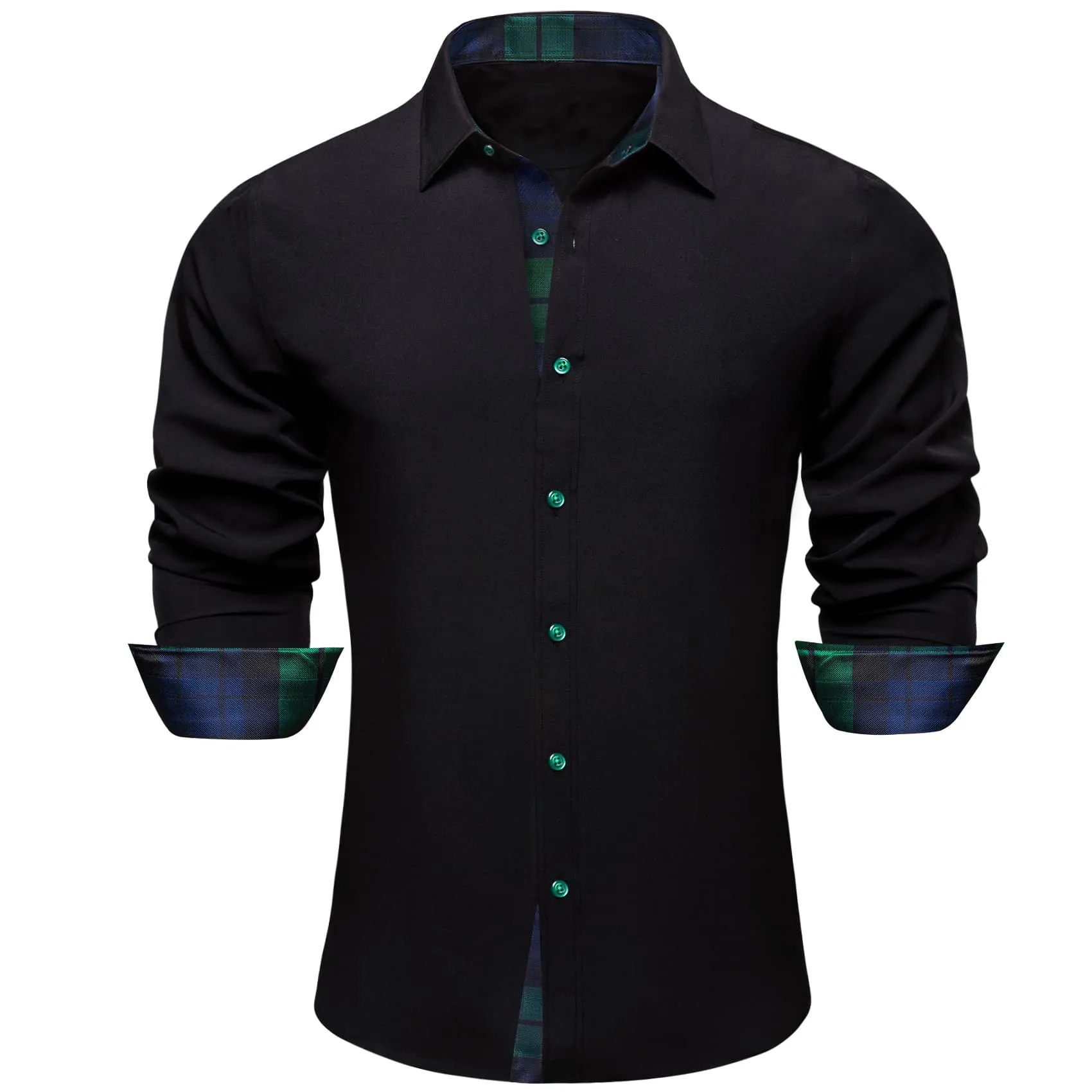 Ties2you Button Up Shirt Black Splicing Green Silk Long Sleeve Mens Dress Shirt