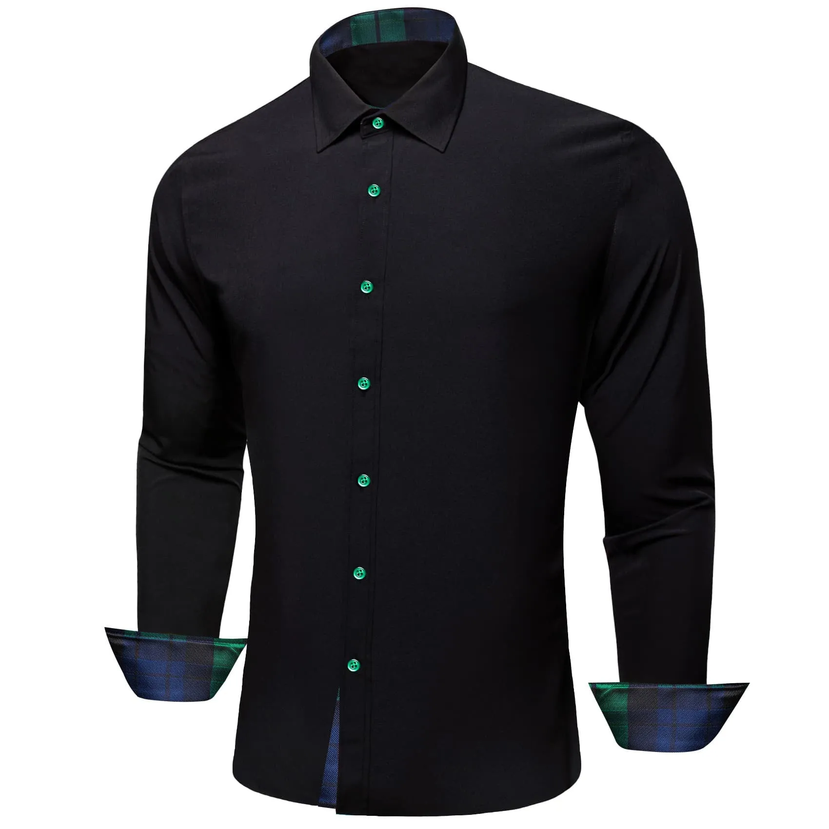 Ties2you Button Up Shirt Black Splicing Green Silk Long Sleeve Mens Dress Shirt