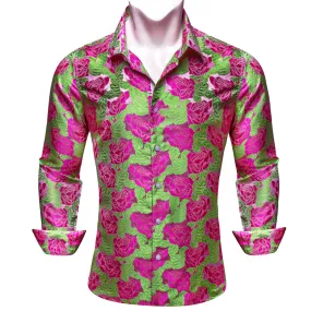 Ties2you Casual Shirt Green Pink Rose Floral Long Sleeve Button Up Shirts for Men