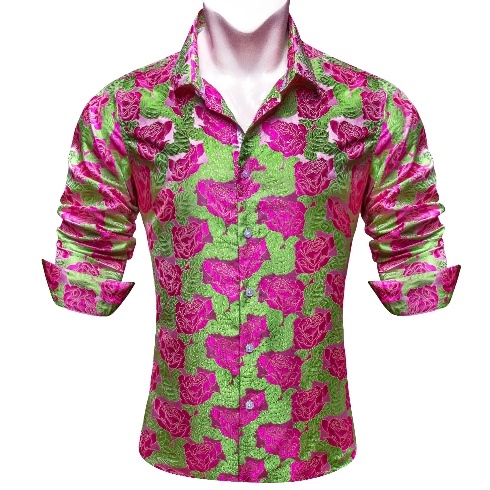 Ties2you Casual Shirt Green Pink Rose Floral Long Sleeve Button Up Shirts for Men