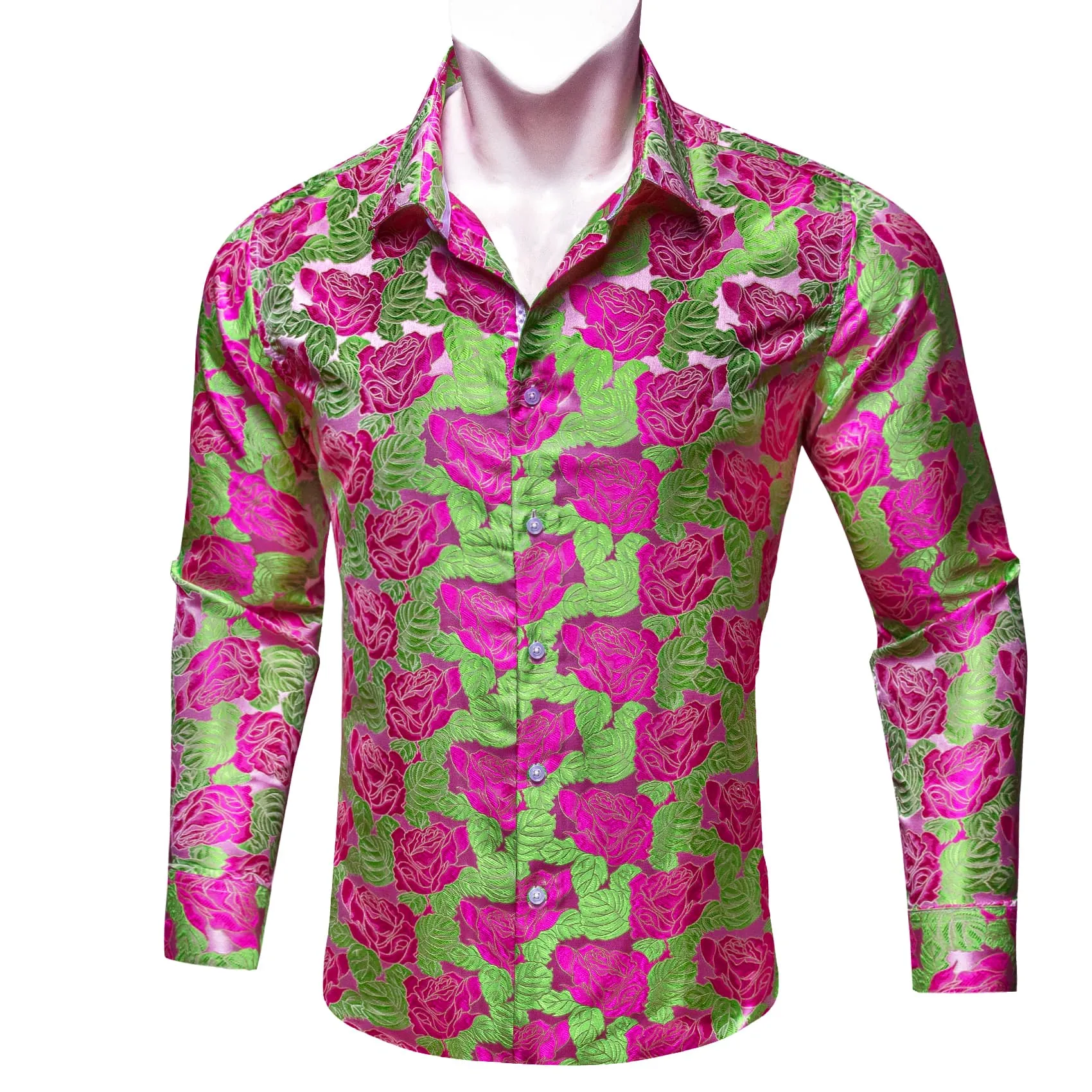 Ties2you Casual Shirt Green Pink Rose Floral Long Sleeve Button Up Shirts for Men