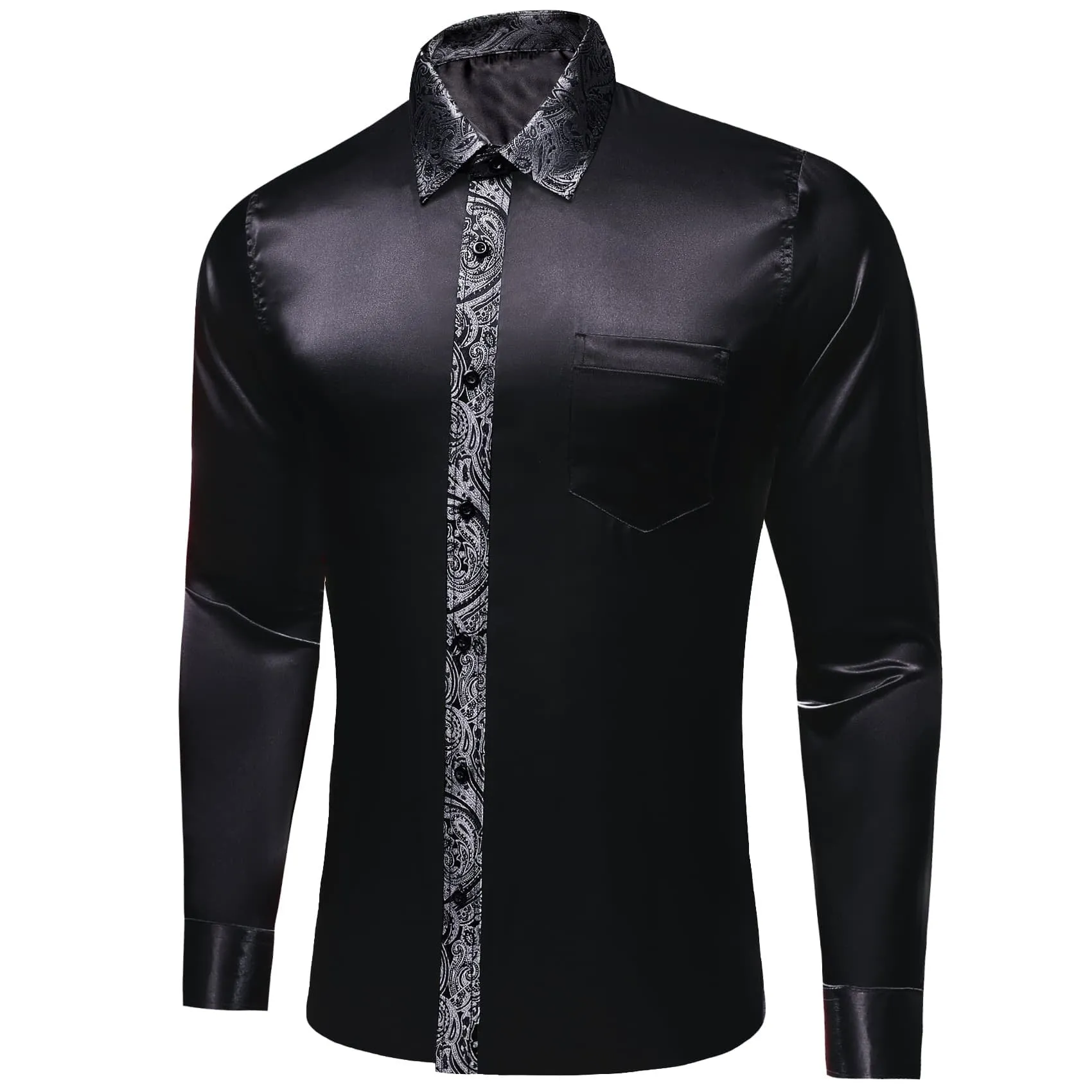 Ties2you Dress Shirt Black Solid Splicing Grey Paisley Button Down Men's Long Sleeve Shirt